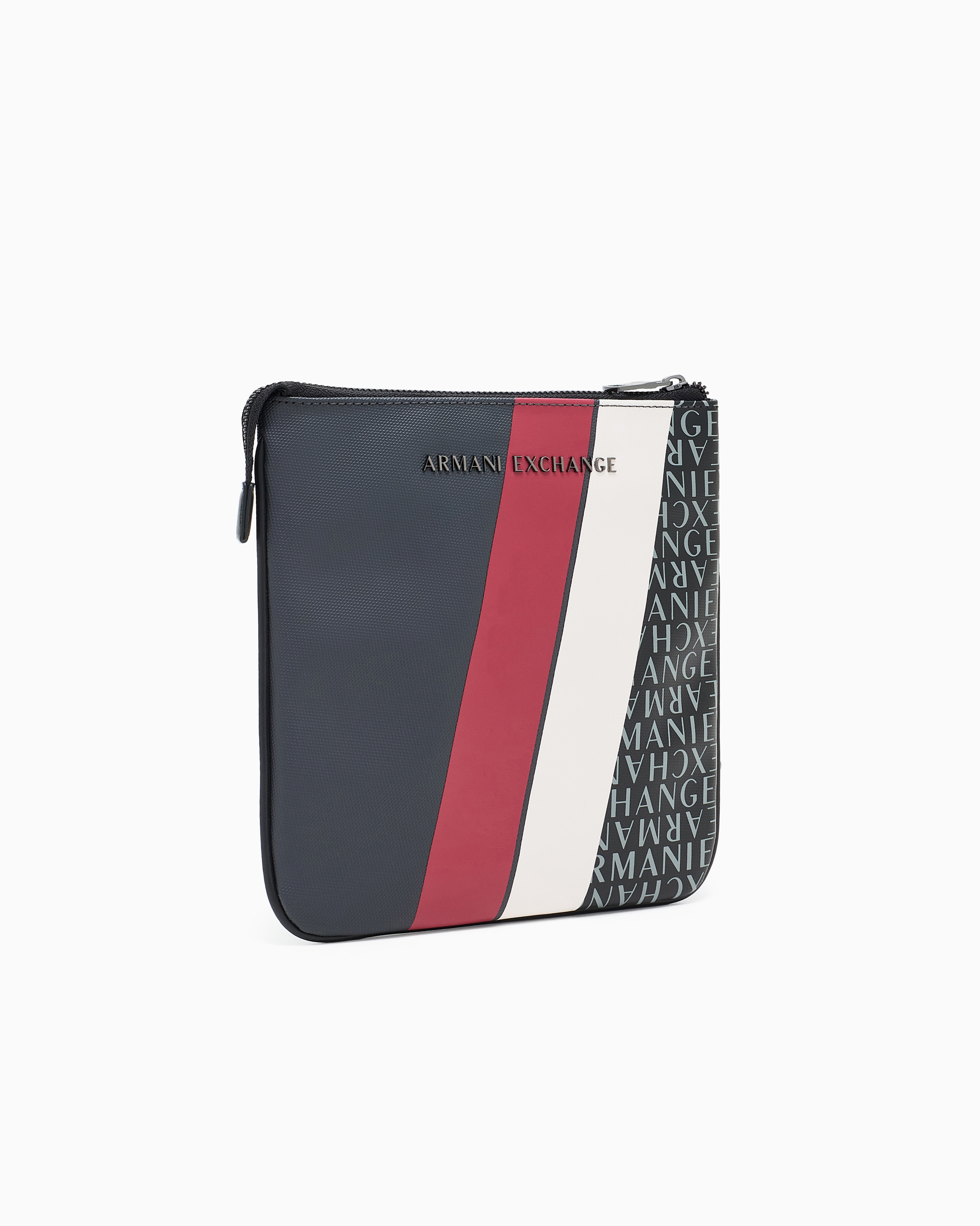 Armani Exchange Monogram And Stripe Flat Shoulder Bag In Grey