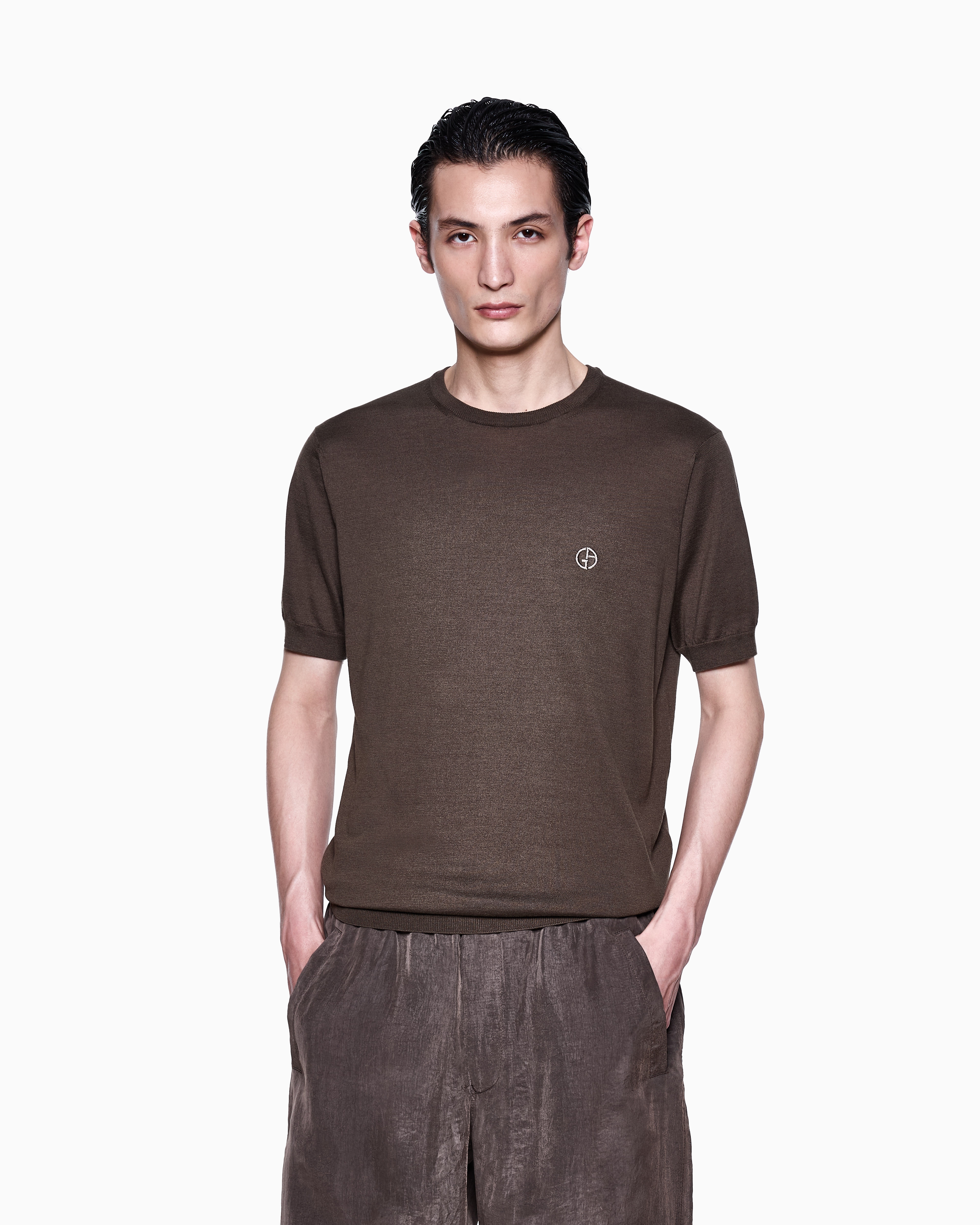 Giorgio Armani Pull À Manches Courtes En Coton Et Soie In Brown