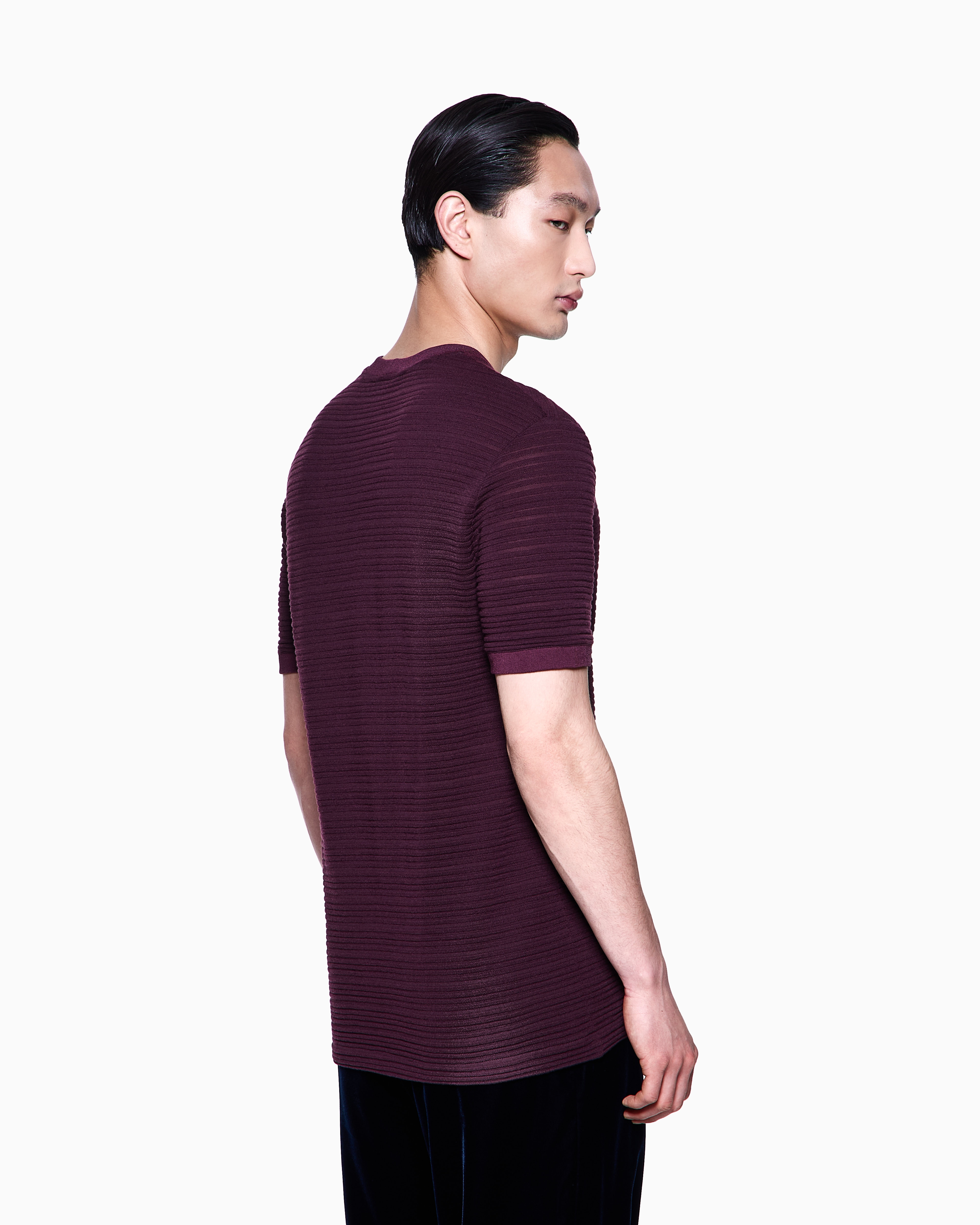 Giorgio Armani Wool Jersey Crew-neck T-shirt With A Striped Motif In Burgundy