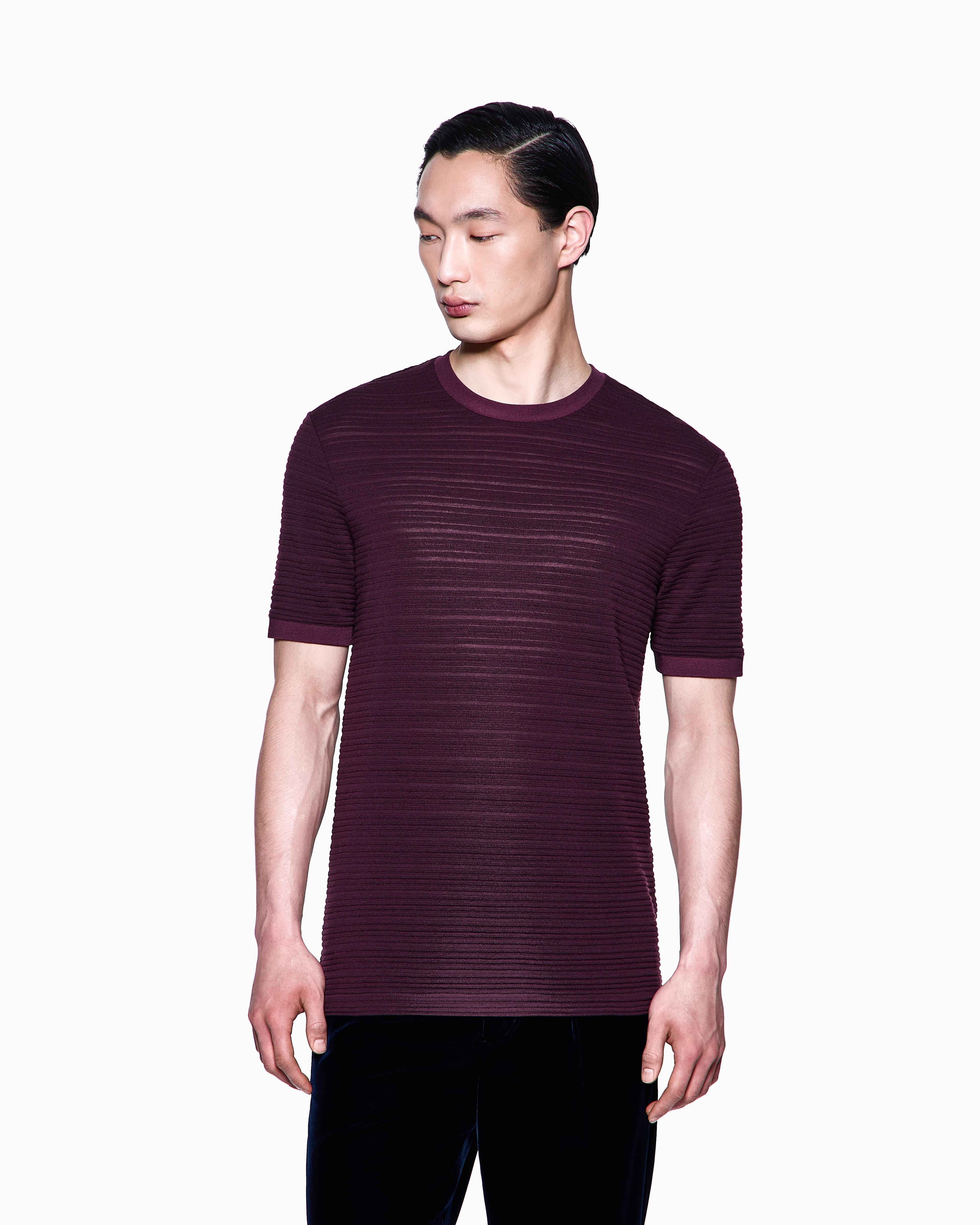 Giorgio Armani Wool Jersey Crew-neck T-shirt With A Striped Motif In Burgundy
