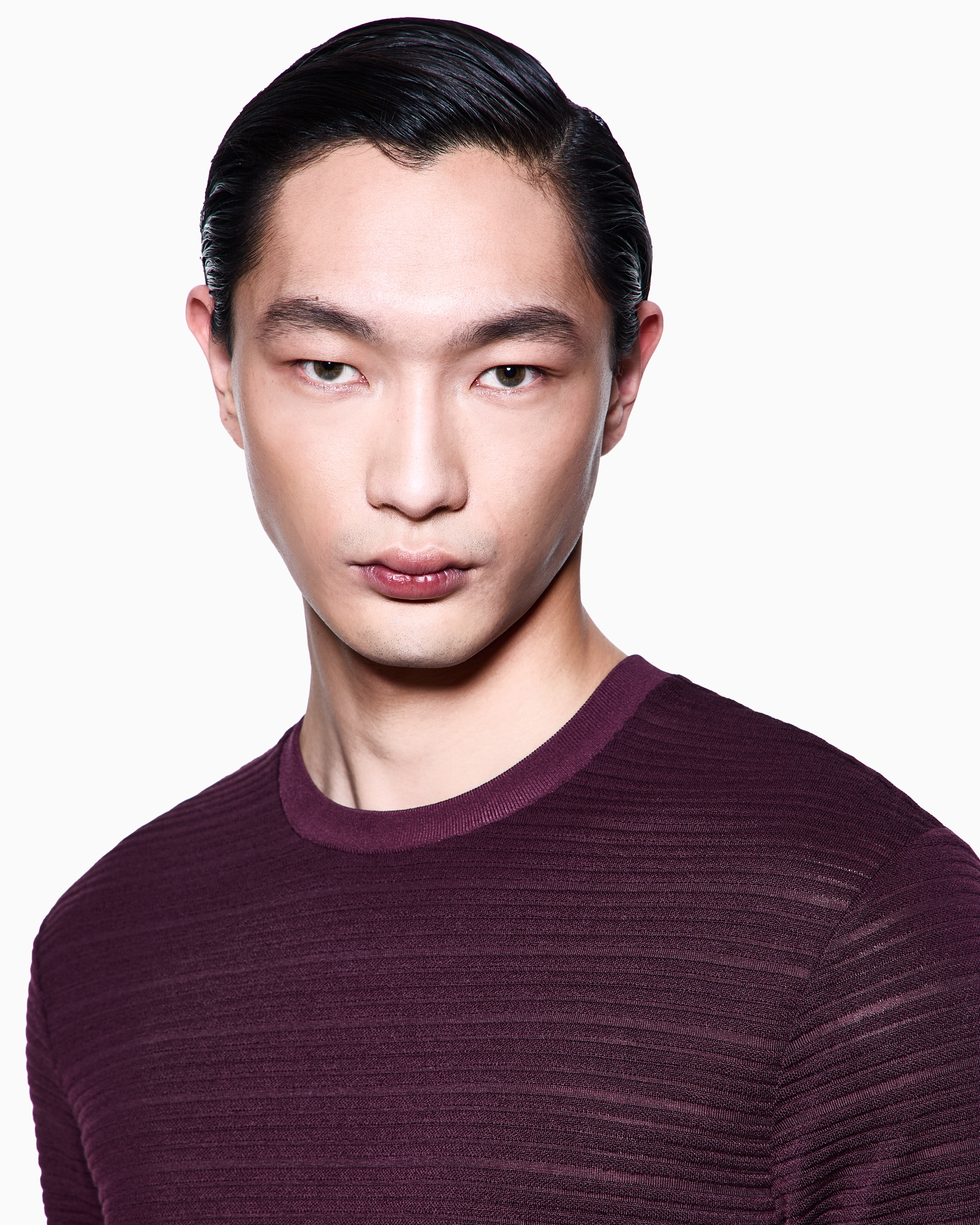 Giorgio Armani Wool Jersey Crew-neck T-shirt With A Striped Motif In Burgundy