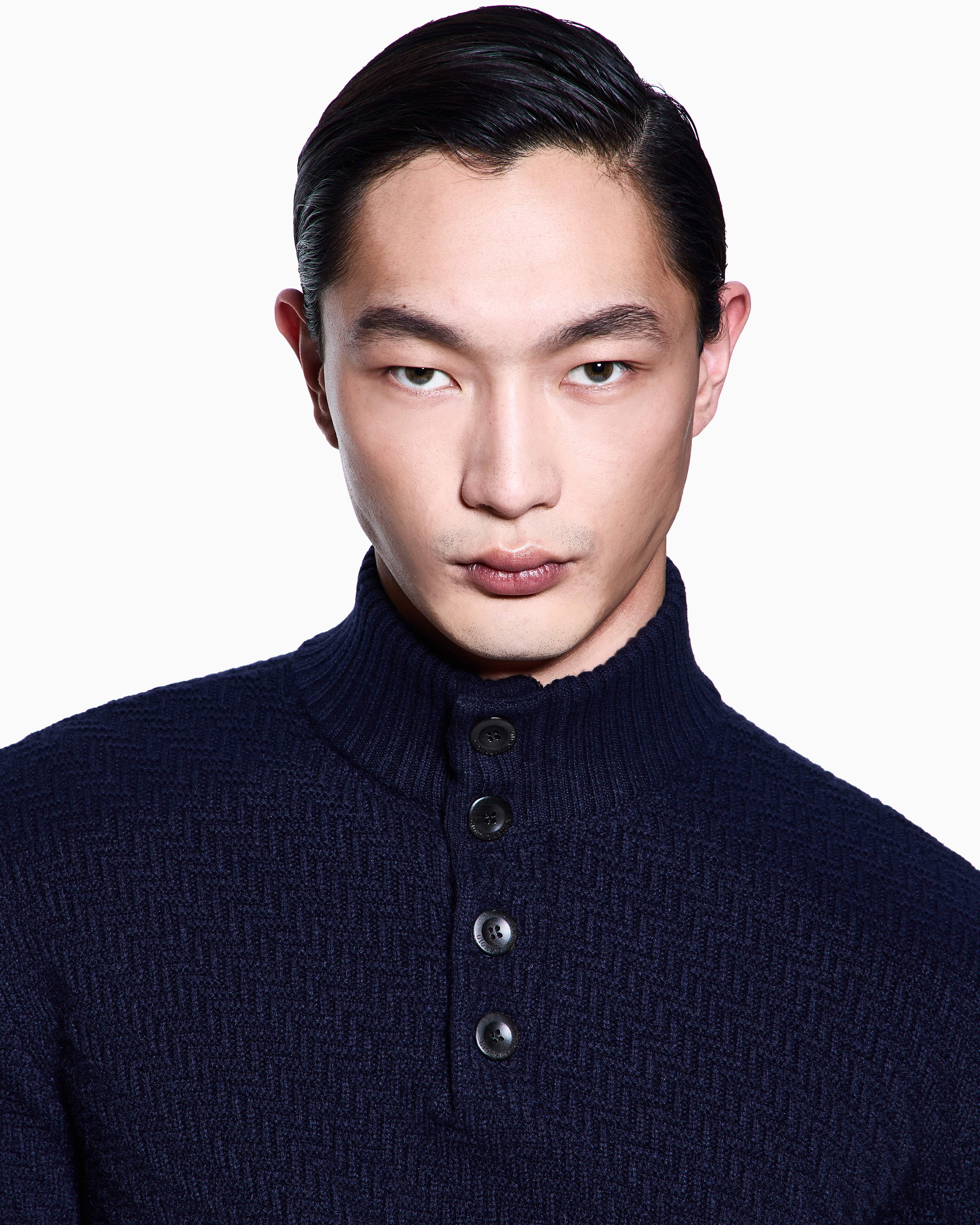 Giorgio Armani Mock Neck Jumper In Diagonal Links-stitch Cashmere In Blue