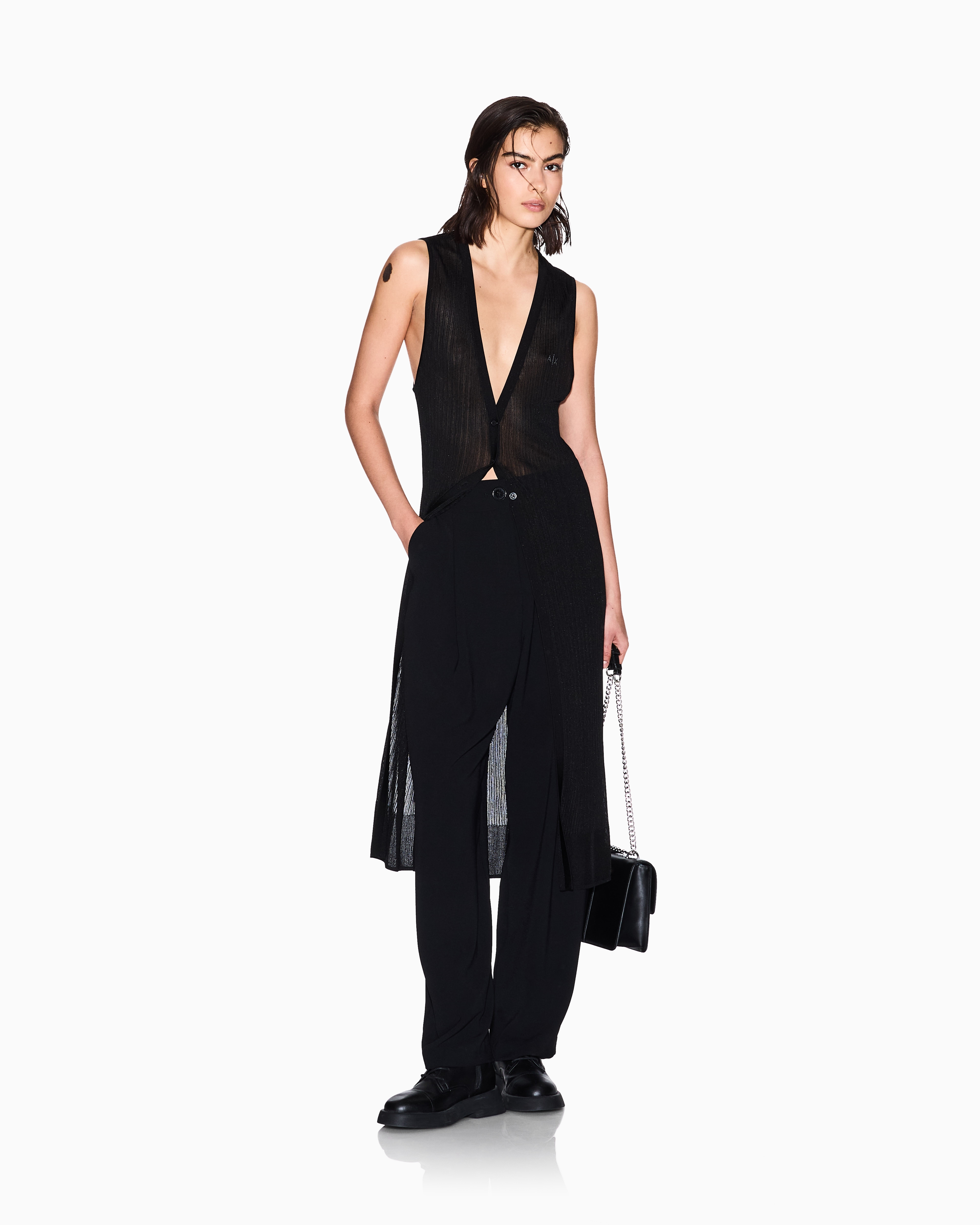 Armani Exchange - Long vest lurex knit, Woman, Black, Size:
