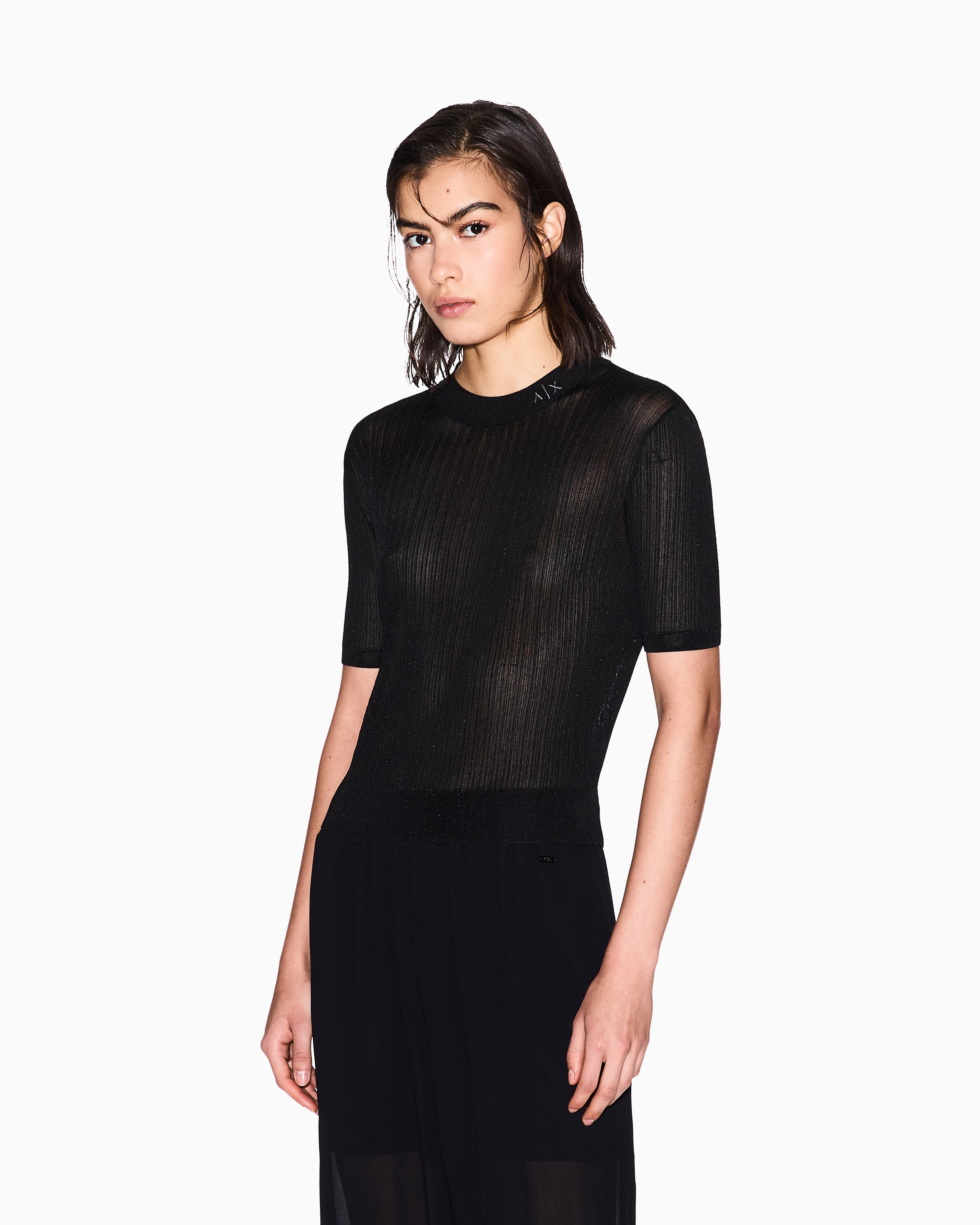 Armani Exchange - Lurex yarn sweater with logo, Woman, Black, Size: