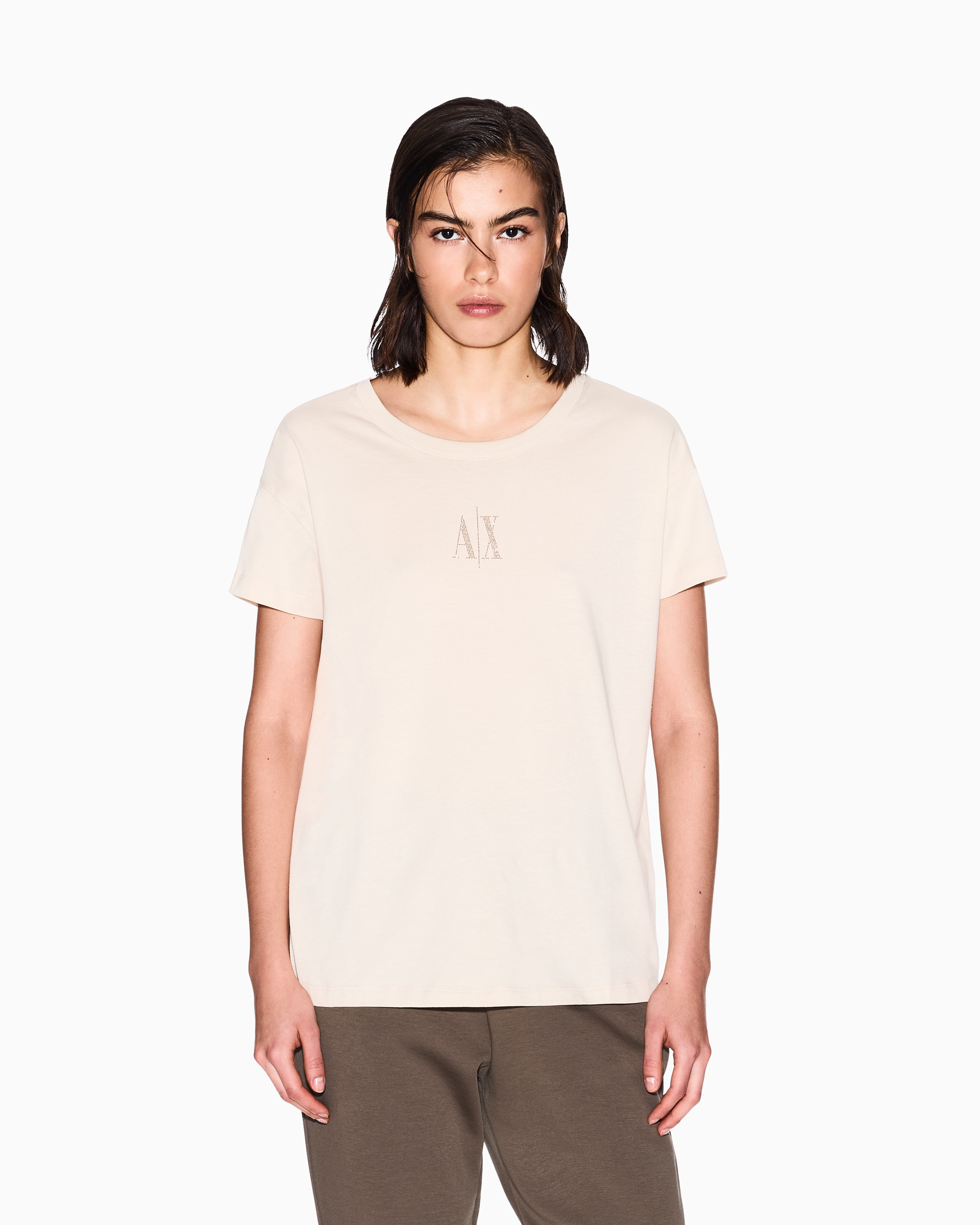 Armani Exchange - Boyfriend T-shirt with Icon logo, Woman, Beige, Size: