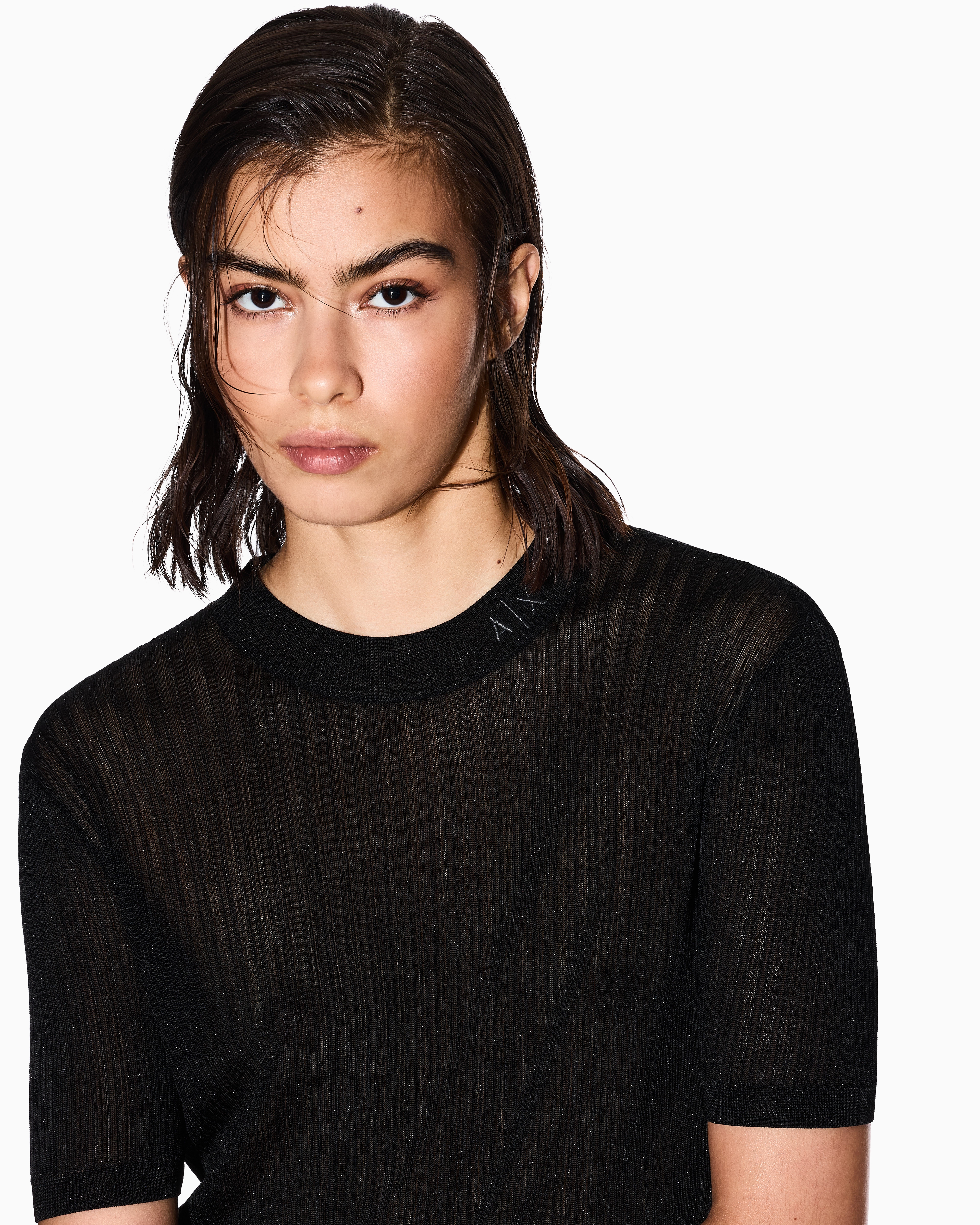 Armani Exchange - Lurex yarn sweater with logo, Woman, Black, Size: