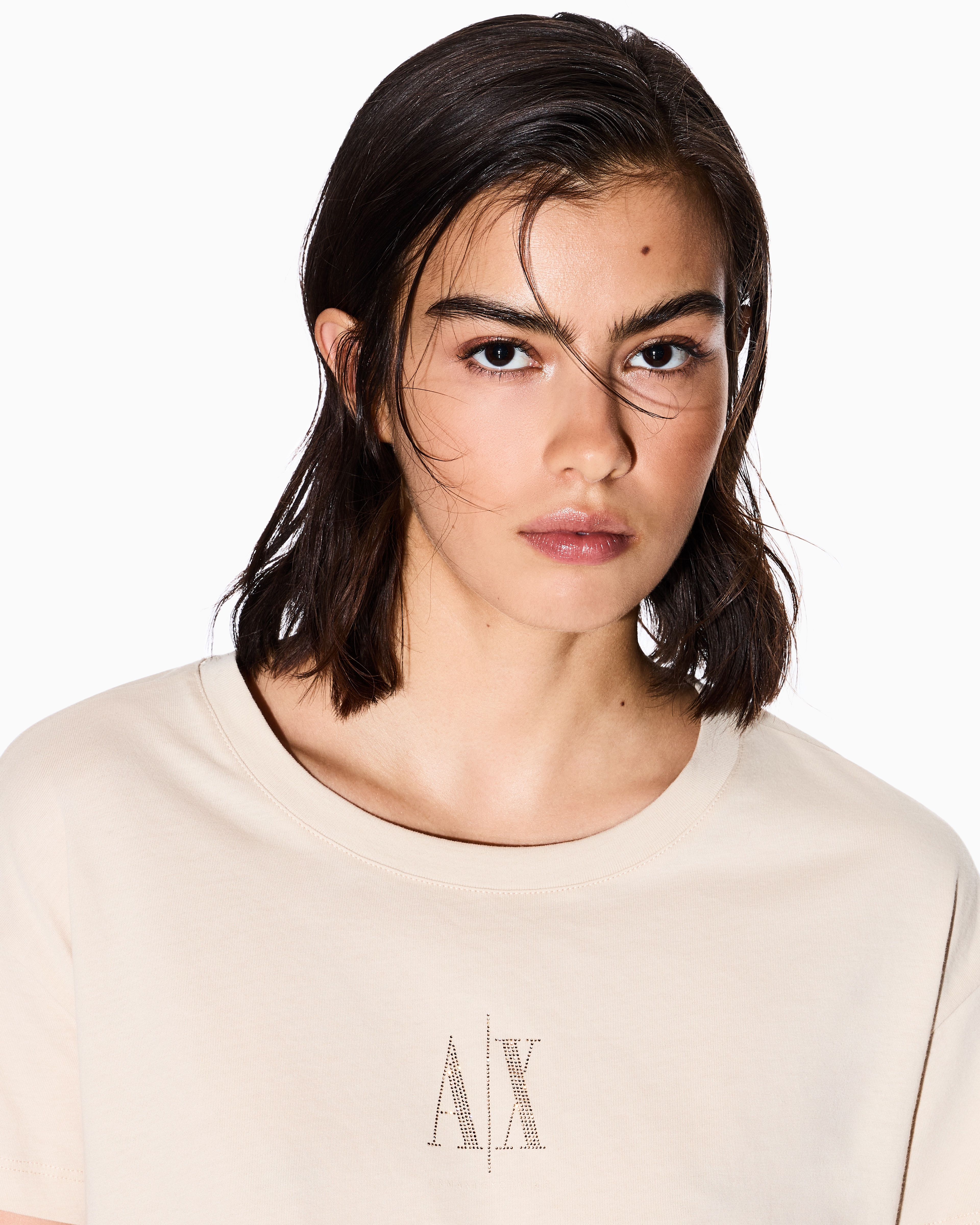 Armani Exchange - Boyfriend T-shirt with Icon logo, Woman, Beige, Size: