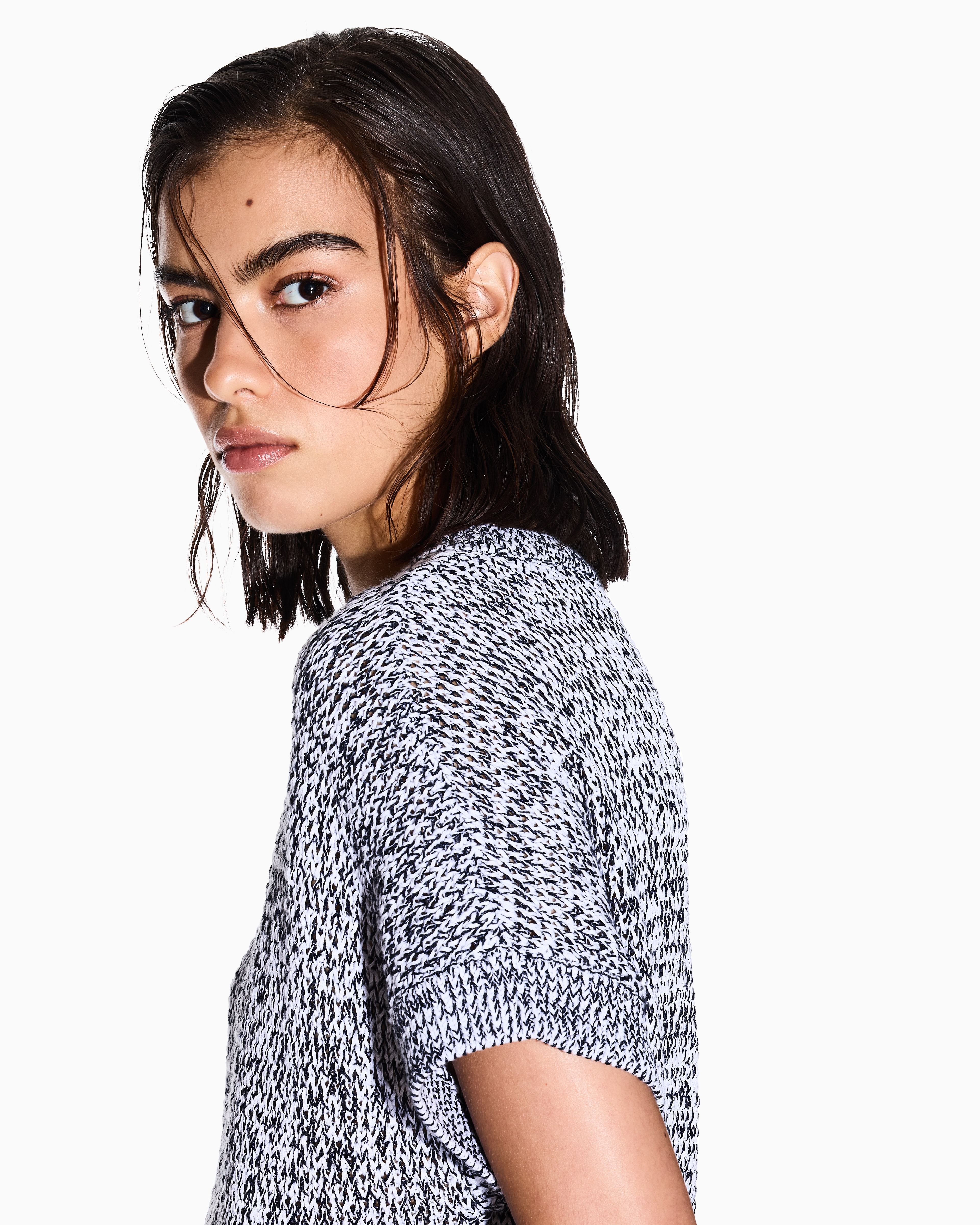 Armani Exchange - Perforated bouclé fabric sweater, Woman, Blue, Size: