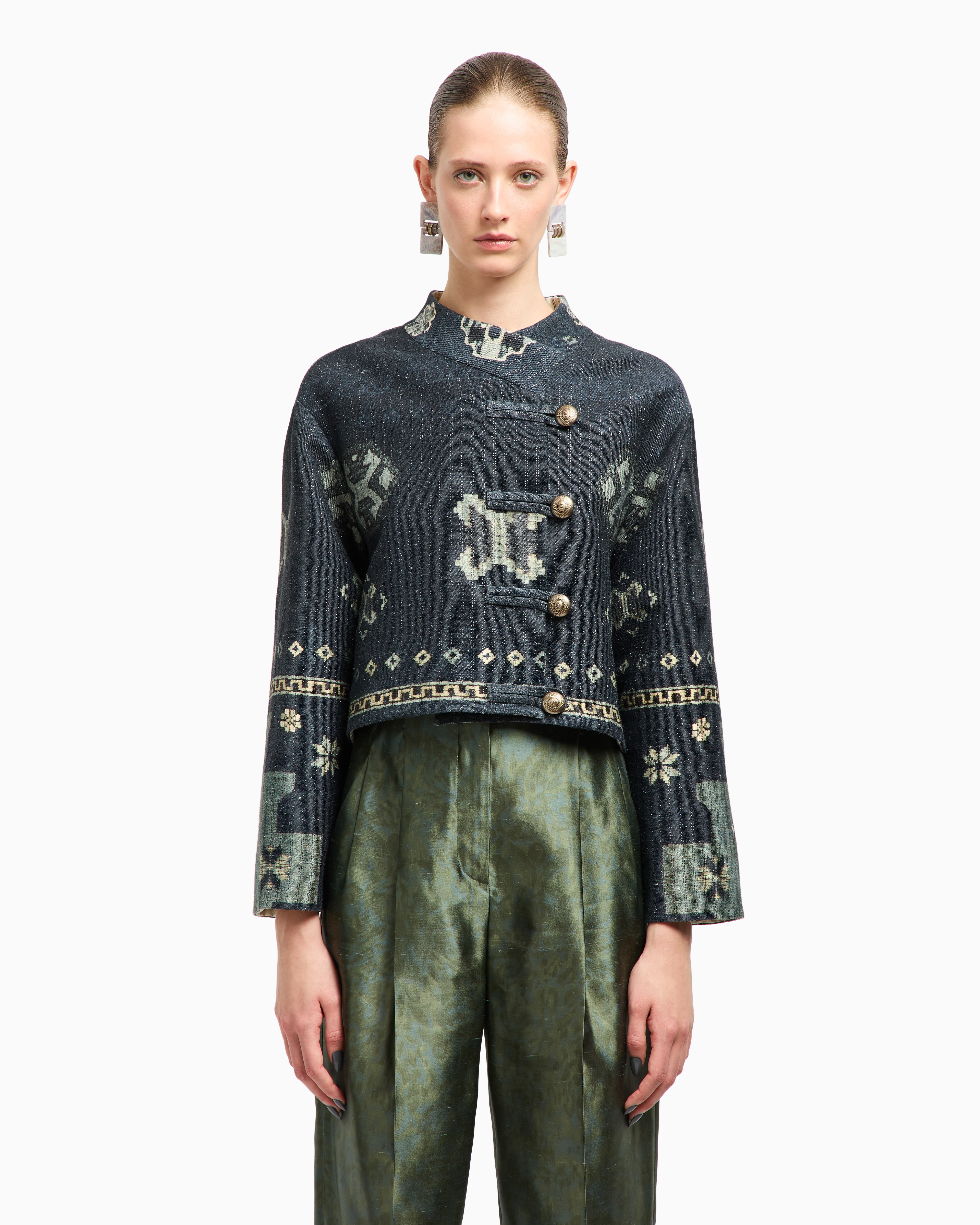 Giorgio Armani Printed Tussah Silk And Cotton Pea Coat In Multi