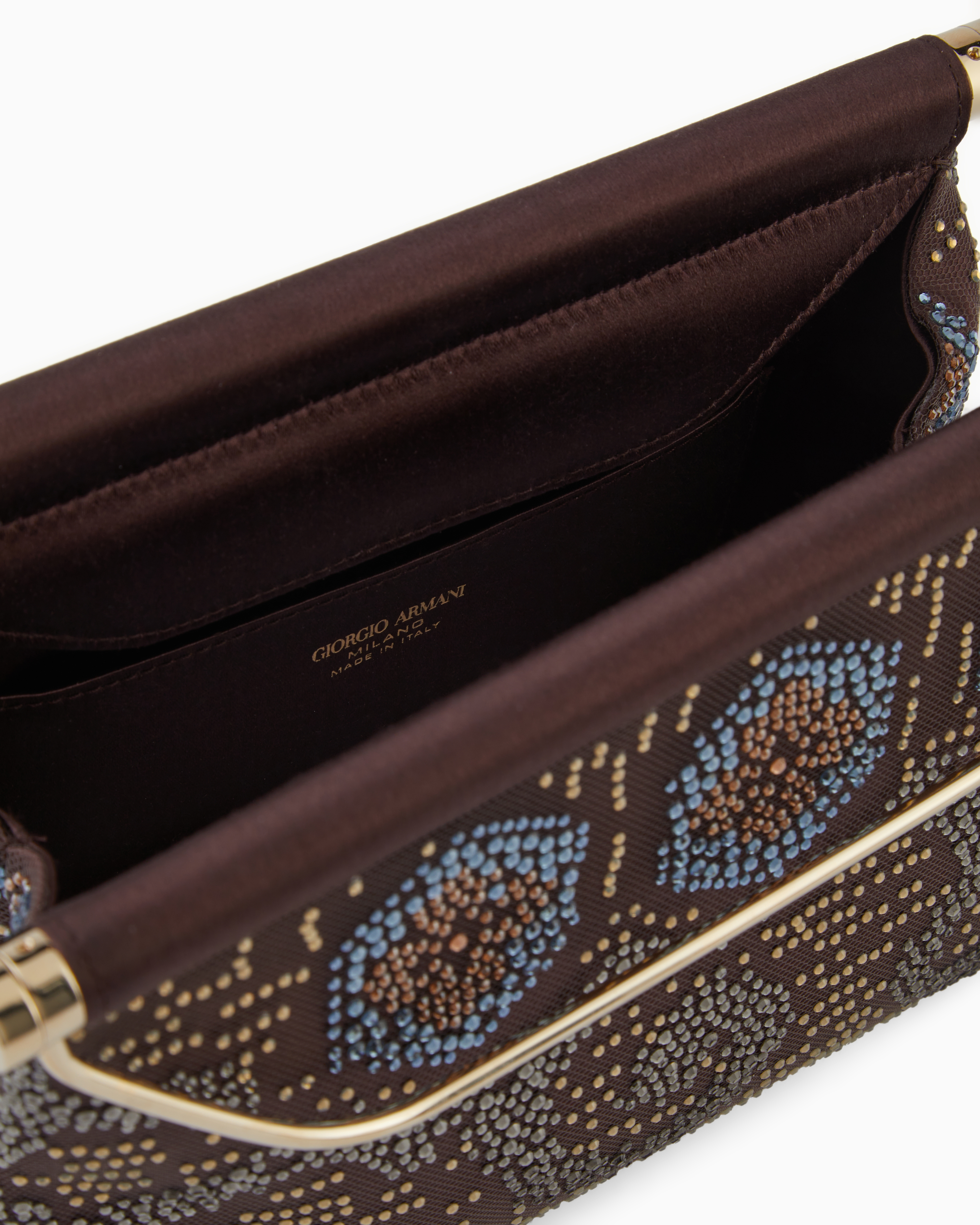 Giorgio Armani Small Satin And Rhinestone Handbag In Brown