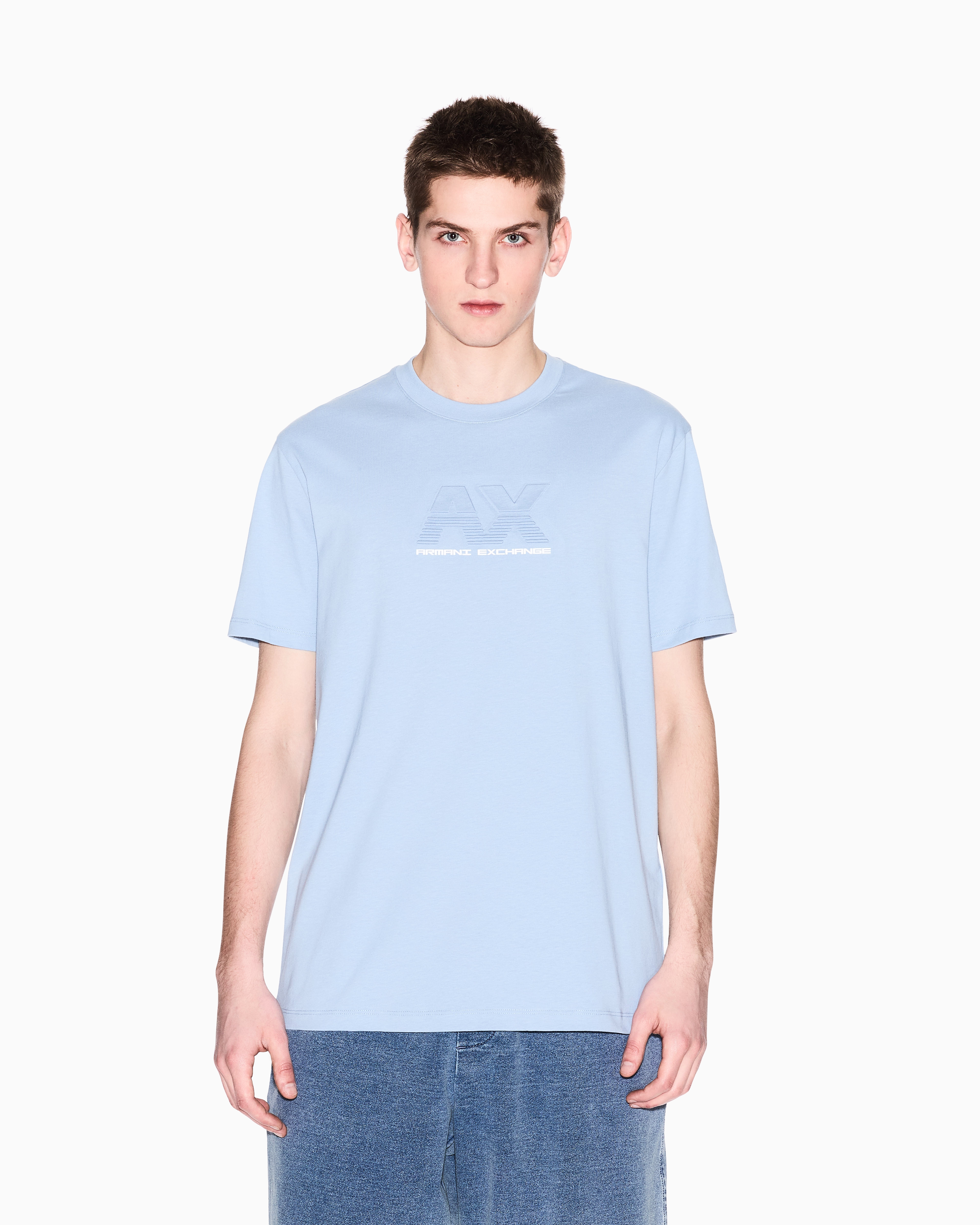Armani Exchange - Regular fit T-shirt with embossed logo, Man, Light Blue, Size: