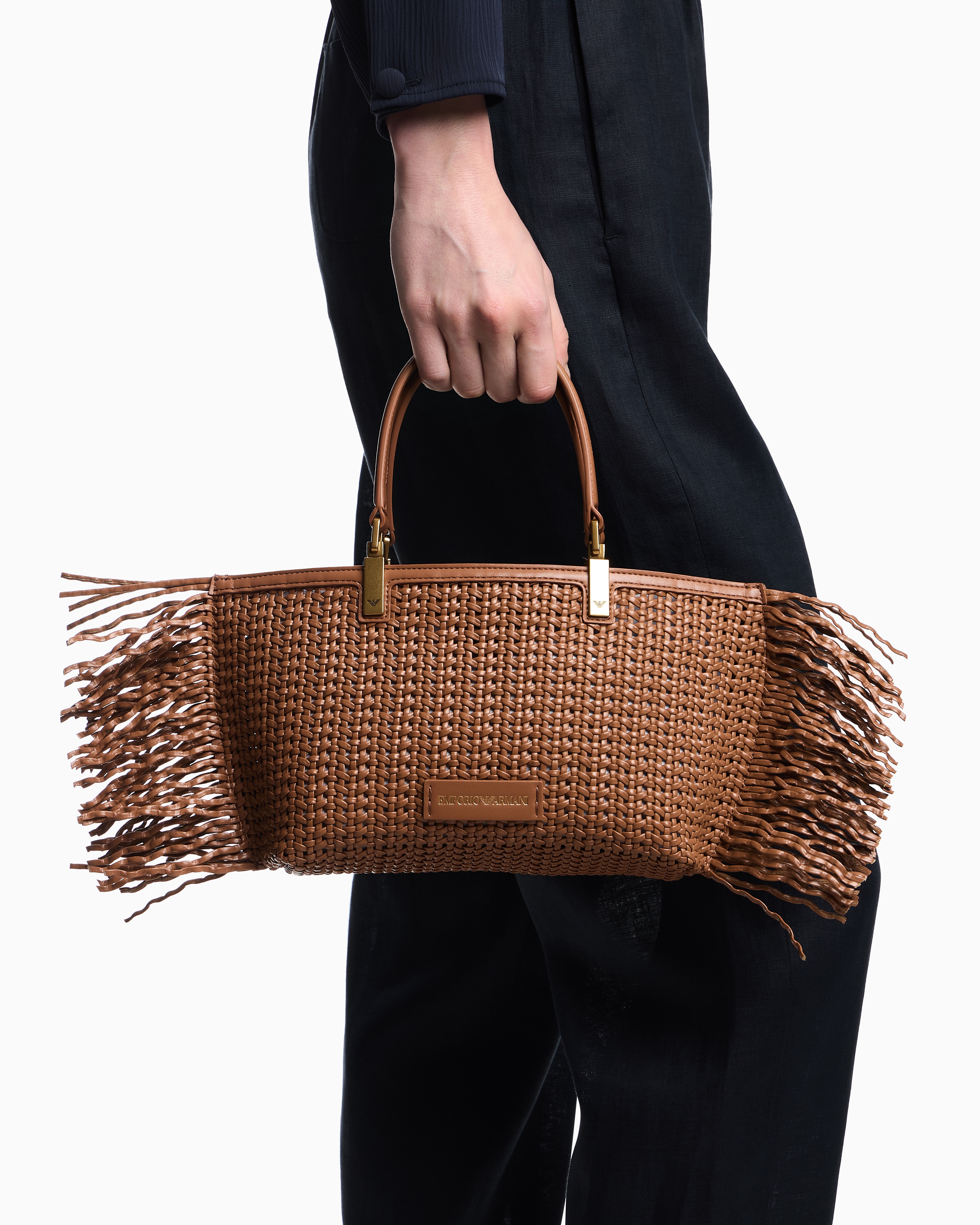 Emporio Armani - Braided handbag with fringe detail, Woman, Camel, Size: TU