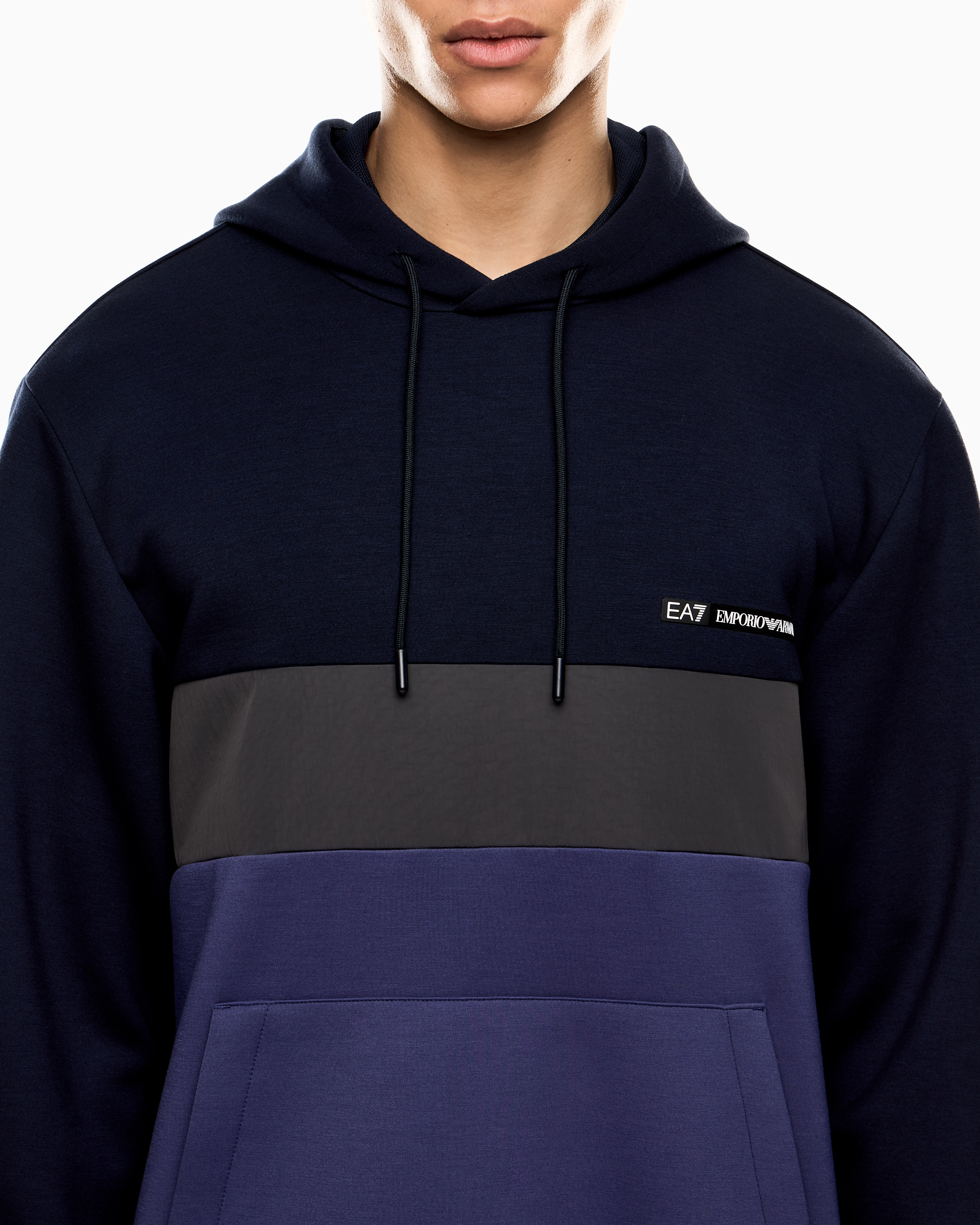 Ea7 Athletic Colour Block Hooded Sweatshirt In Nylon And Viscose Blend In Blue