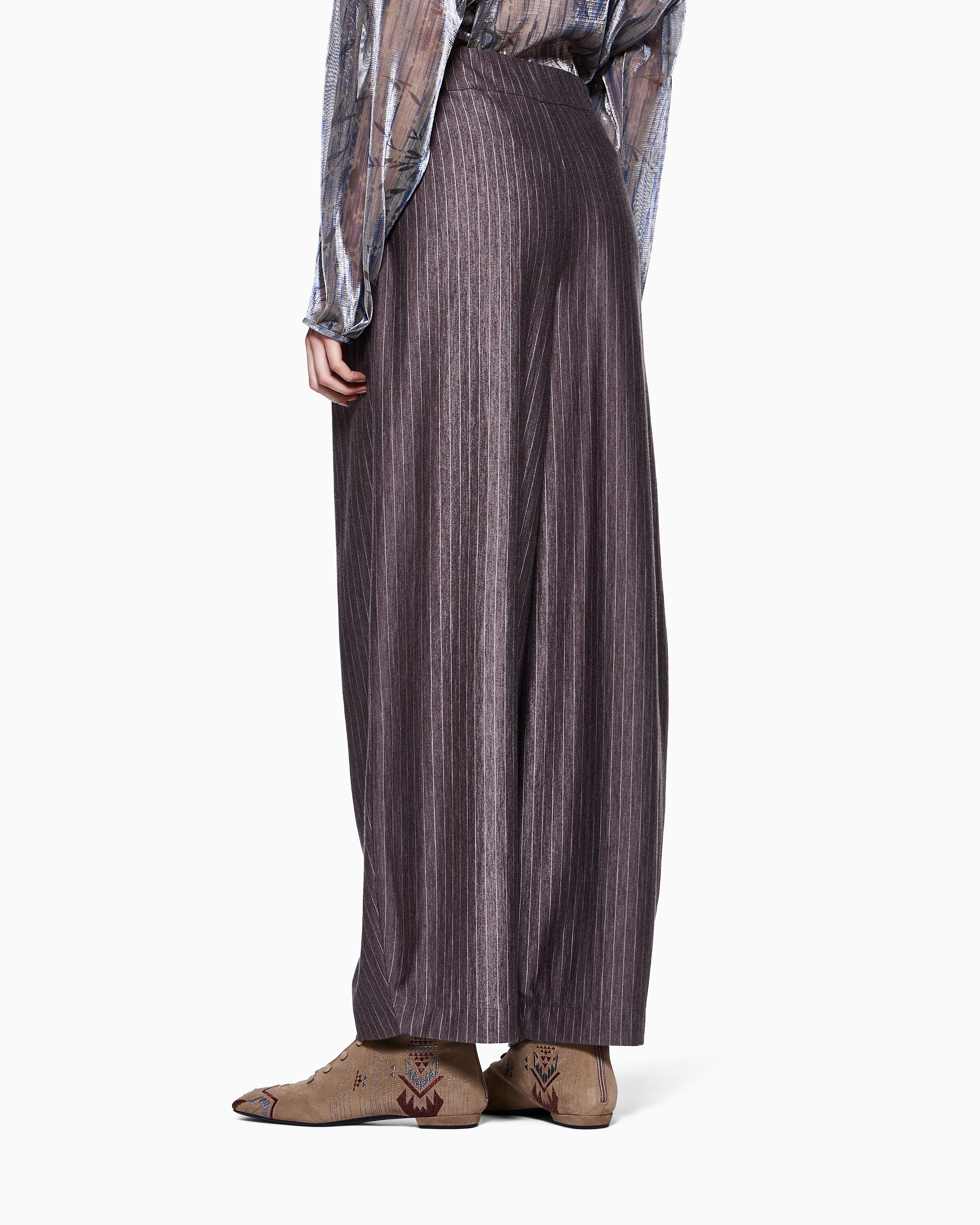 Giorgio Armani Wide Trousers In Pinstriped Cashmere Jersey And Silk In Gray