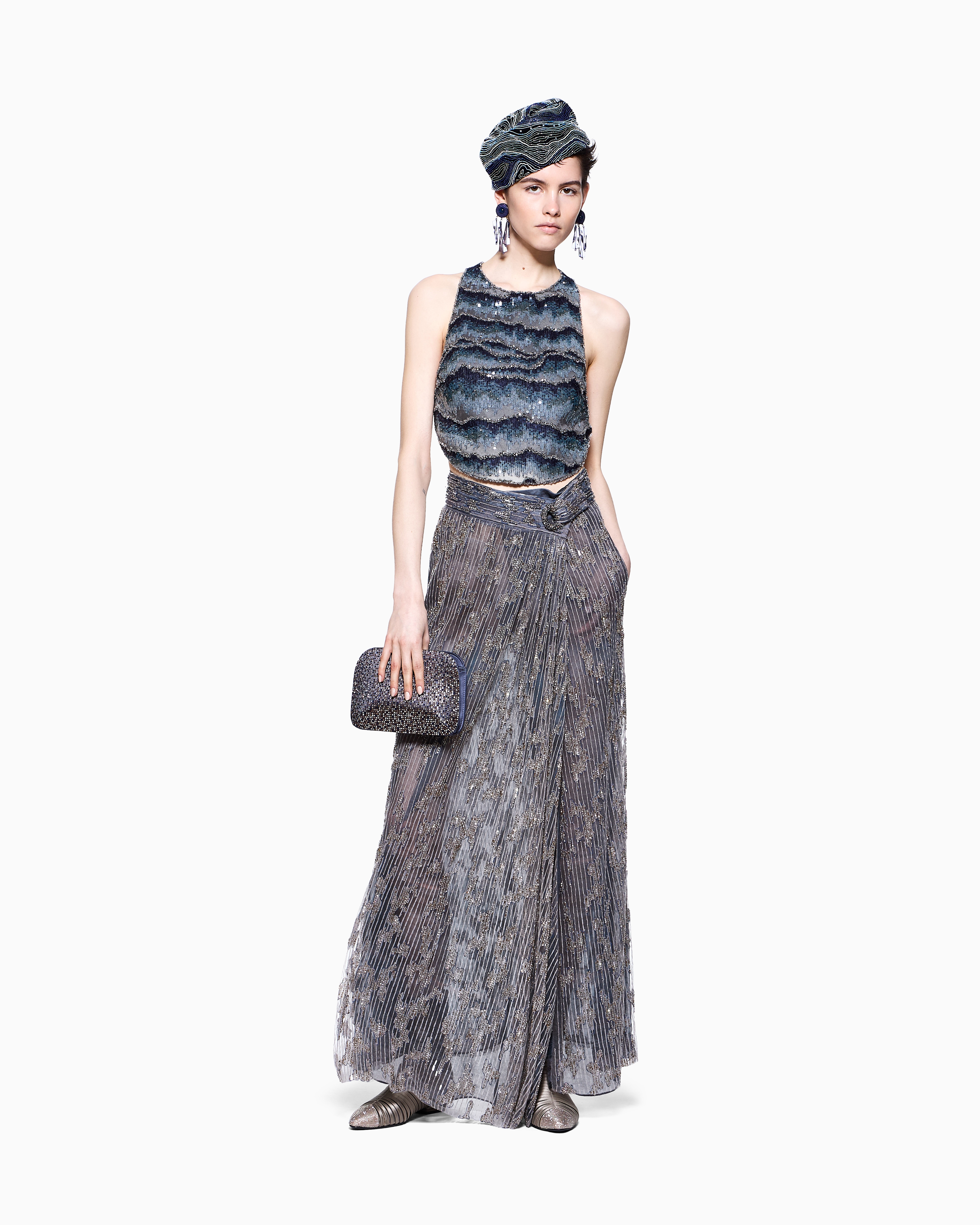 Giorgio Armani Embroidered Silk Top In Gray