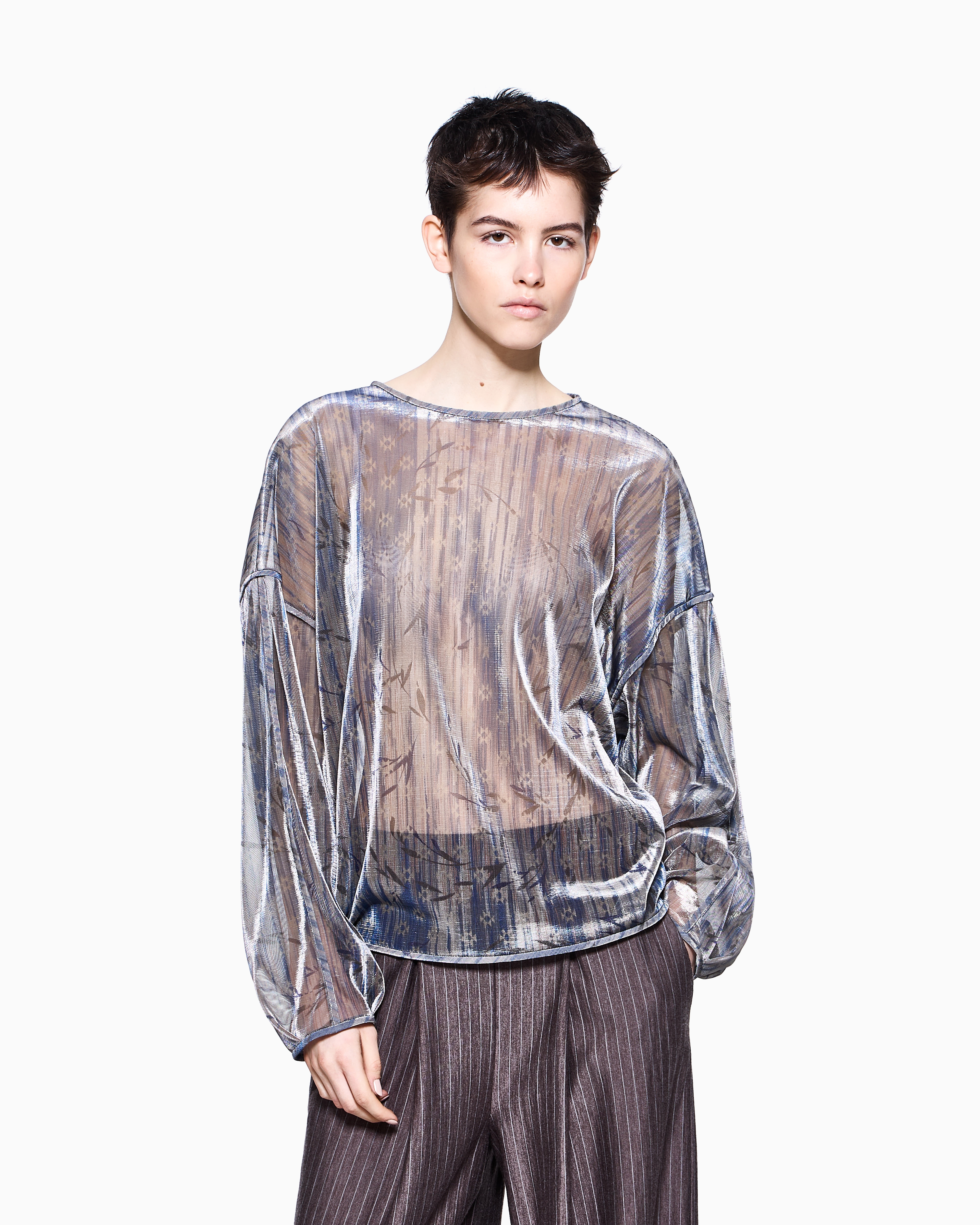 Giorgio Armani Crew-neck Jumper In Lamé-effect Jersey In Brown