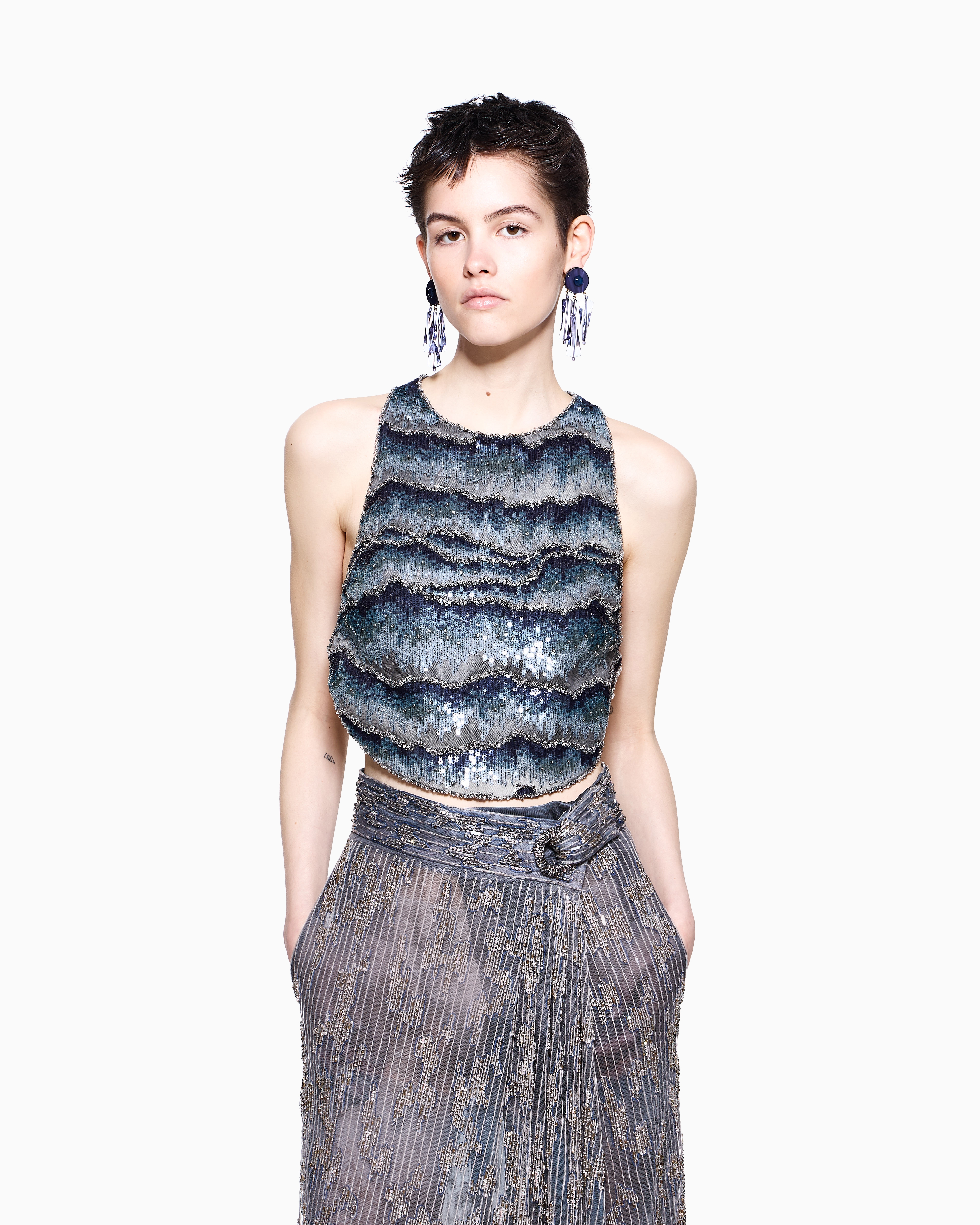 Giorgio Armani Embroidered Silk Top In Gray