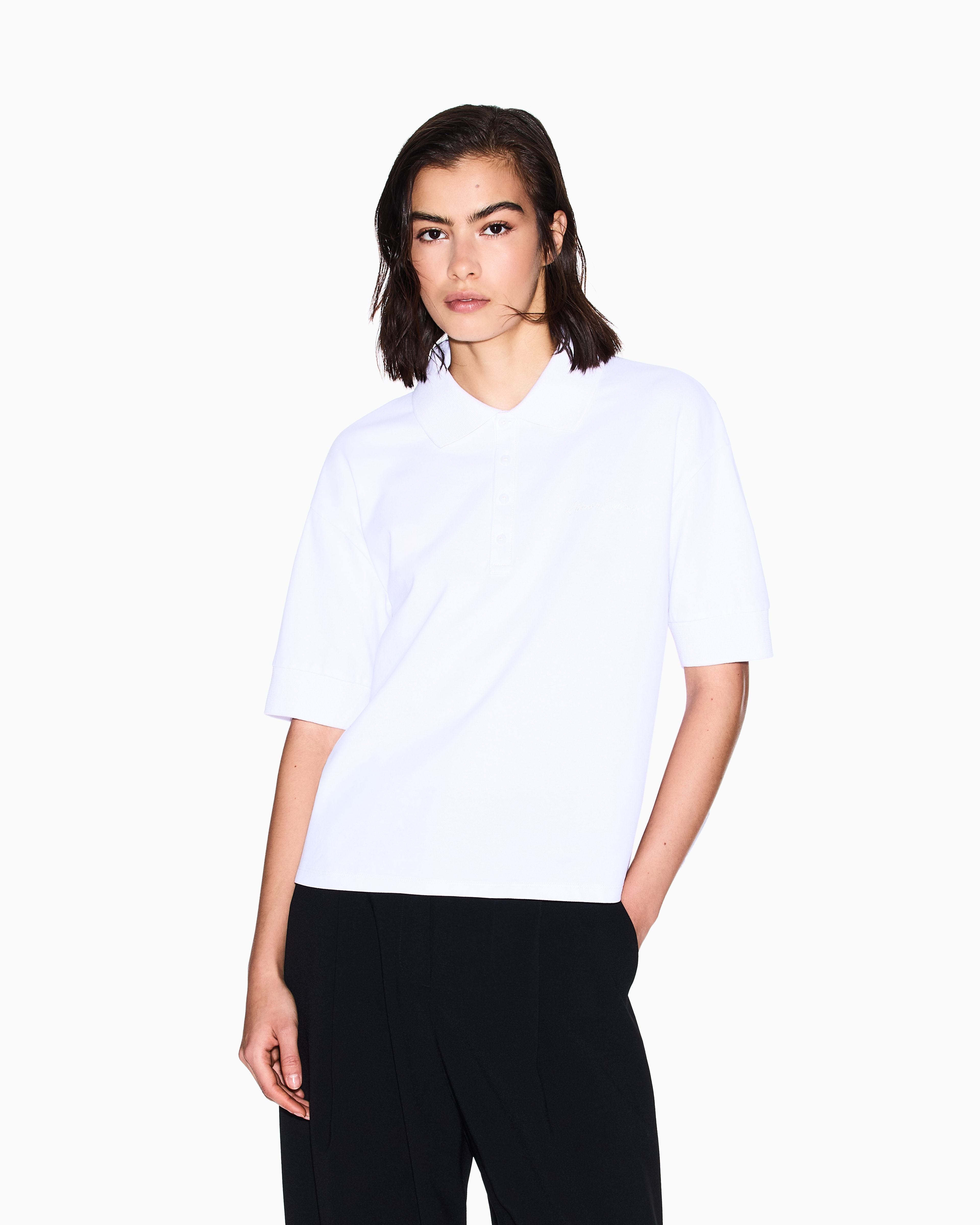 Armani Exchange - Stretch pique polo shirt with logo, Woman, White, Size: