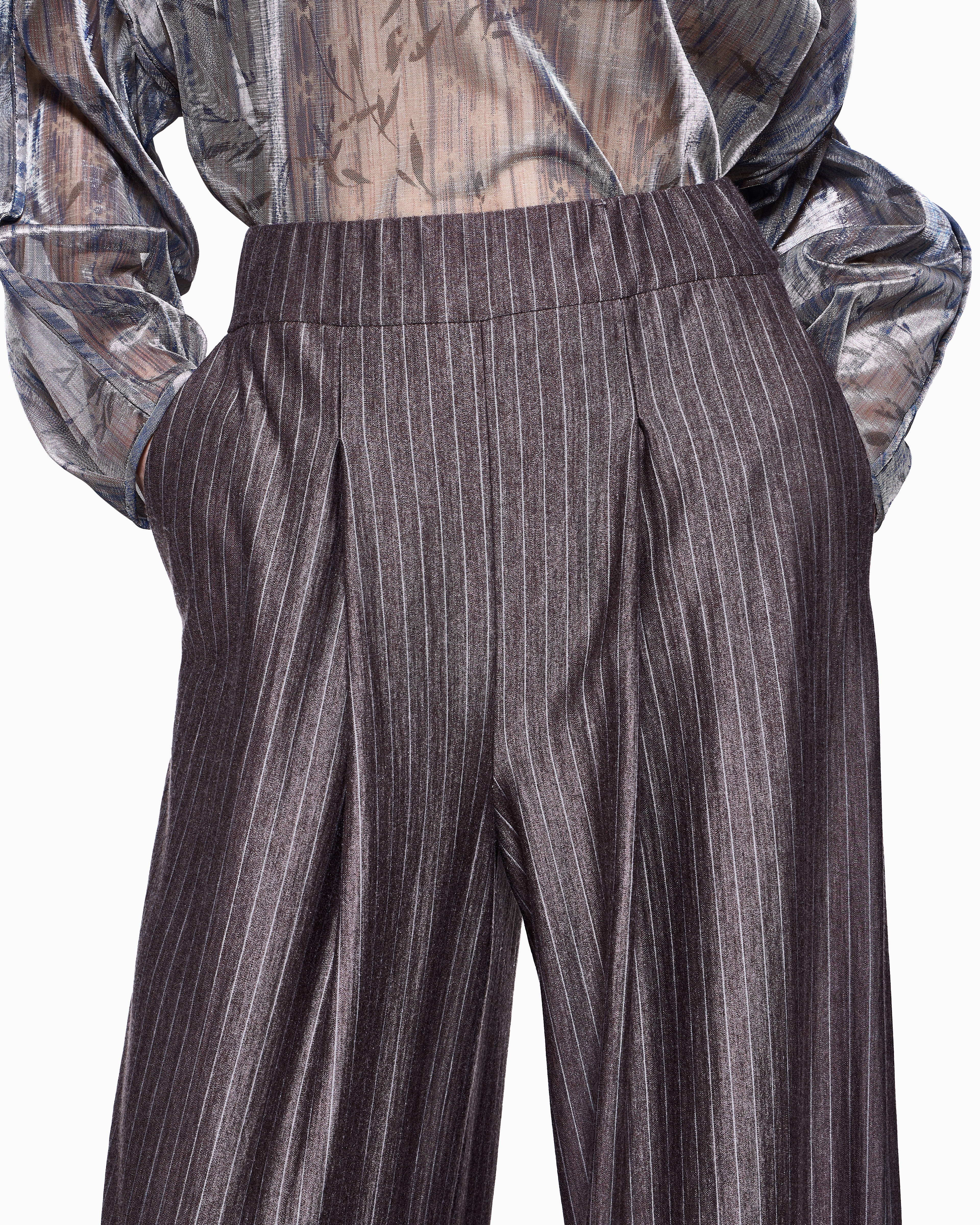 Giorgio Armani Wide Trousers In Pinstriped Cashmere Jersey And Silk In Gray