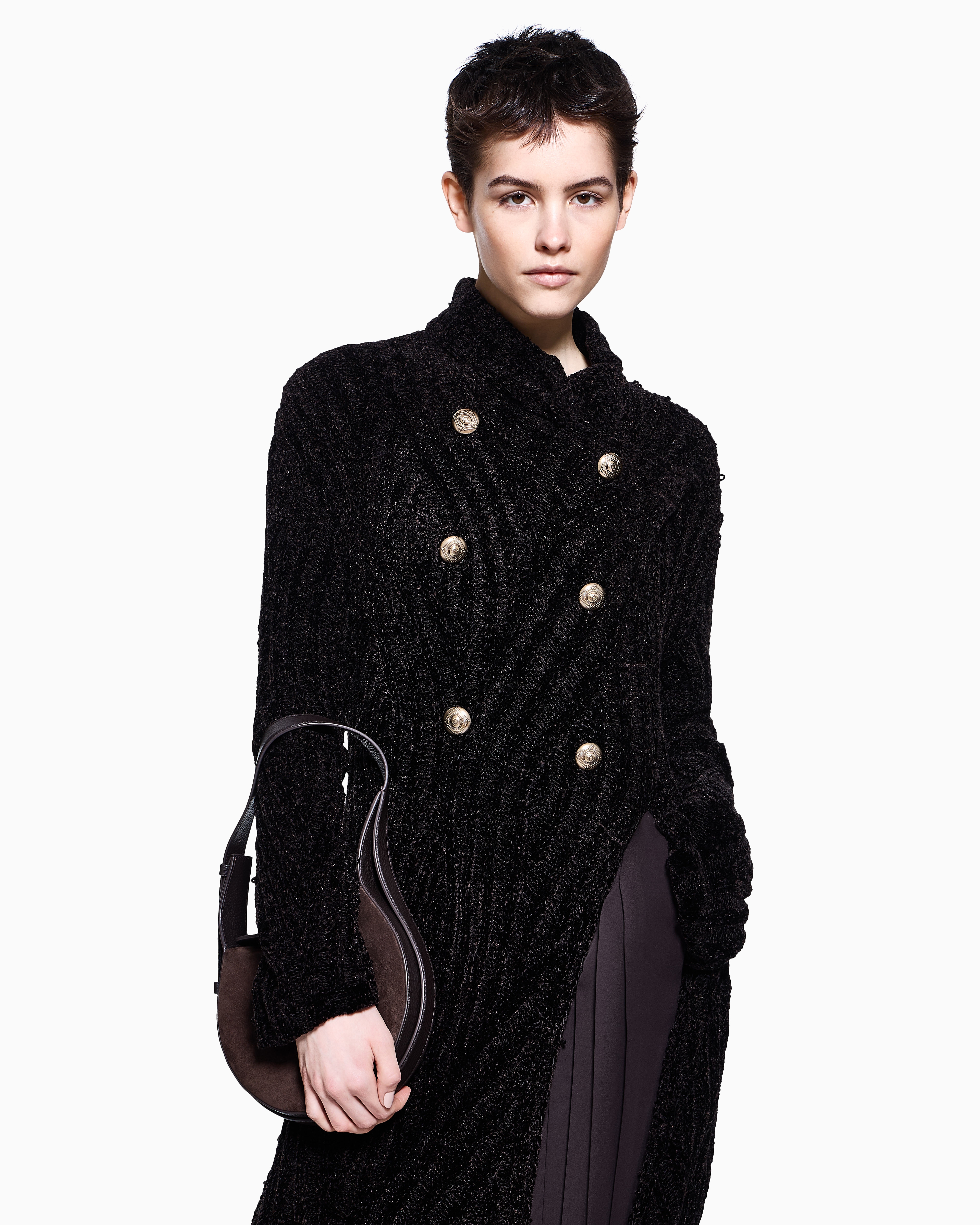 Giorgio Armani Long Viscose And Wool Knit Cardigan In Black