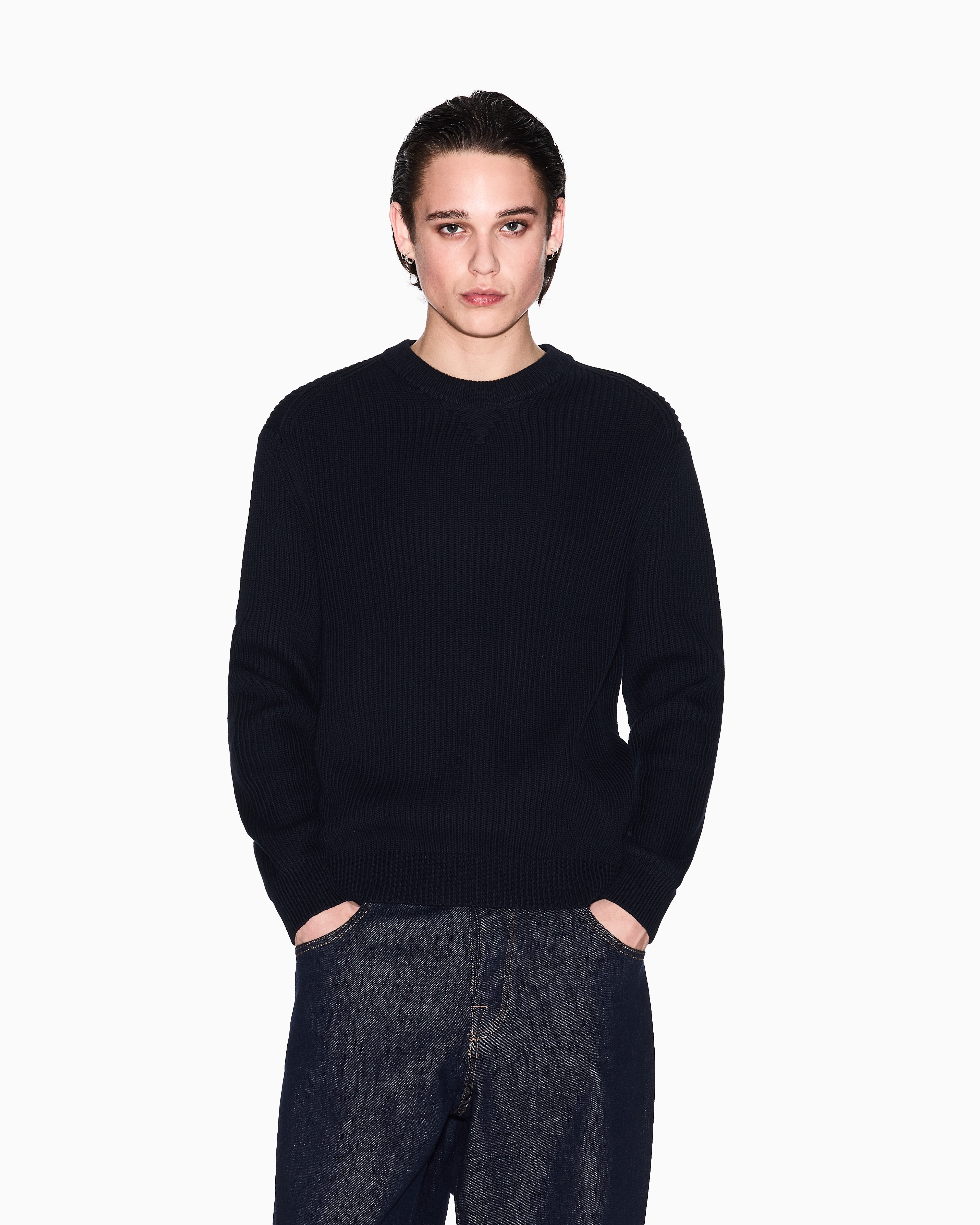 Armani Exchange - Ribbed cotton crew neck sweater, Man, Navy Blue, Size: