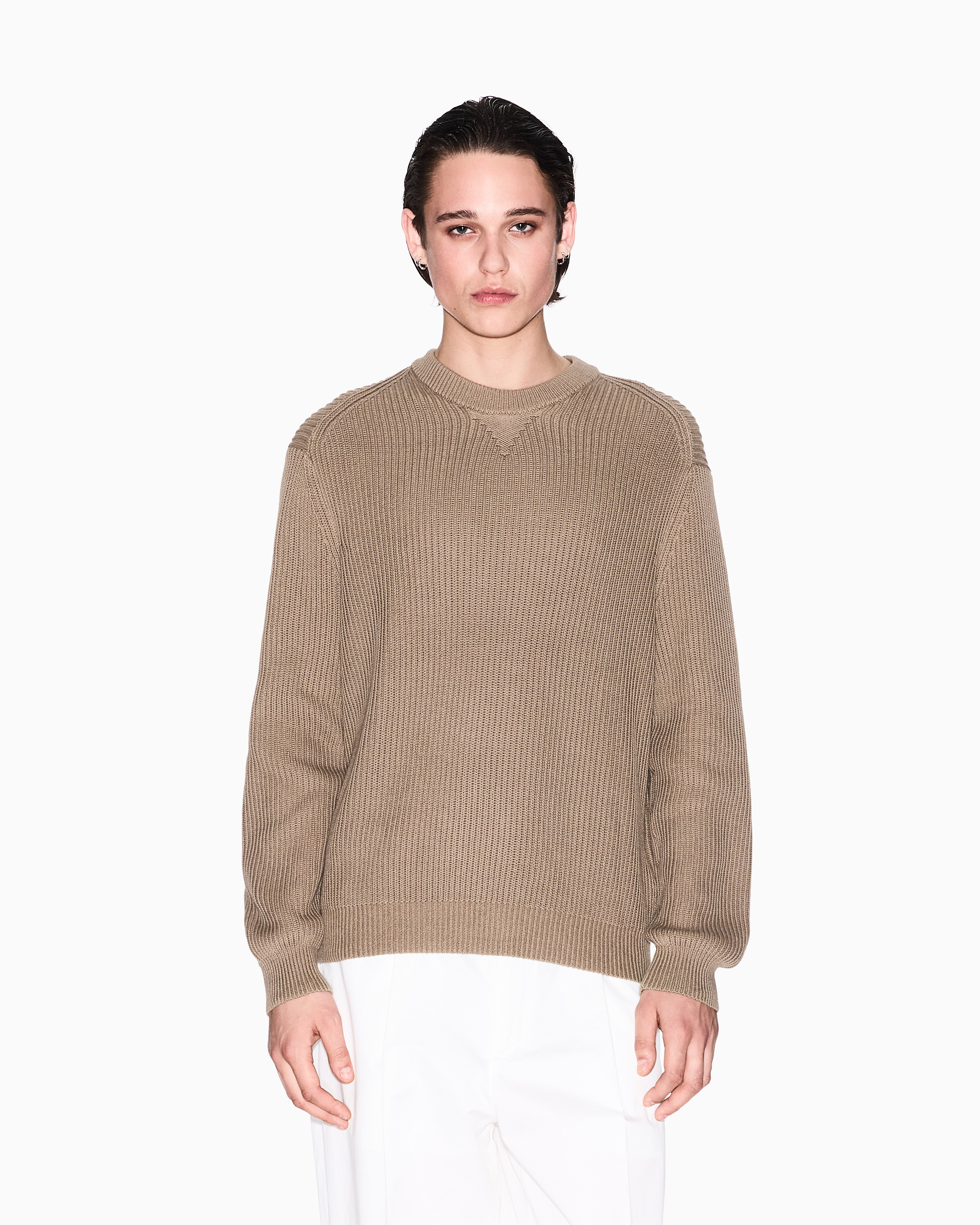 Armani Exchange - Ribbed cotton crew neck sweater, Man, Beige, Size: