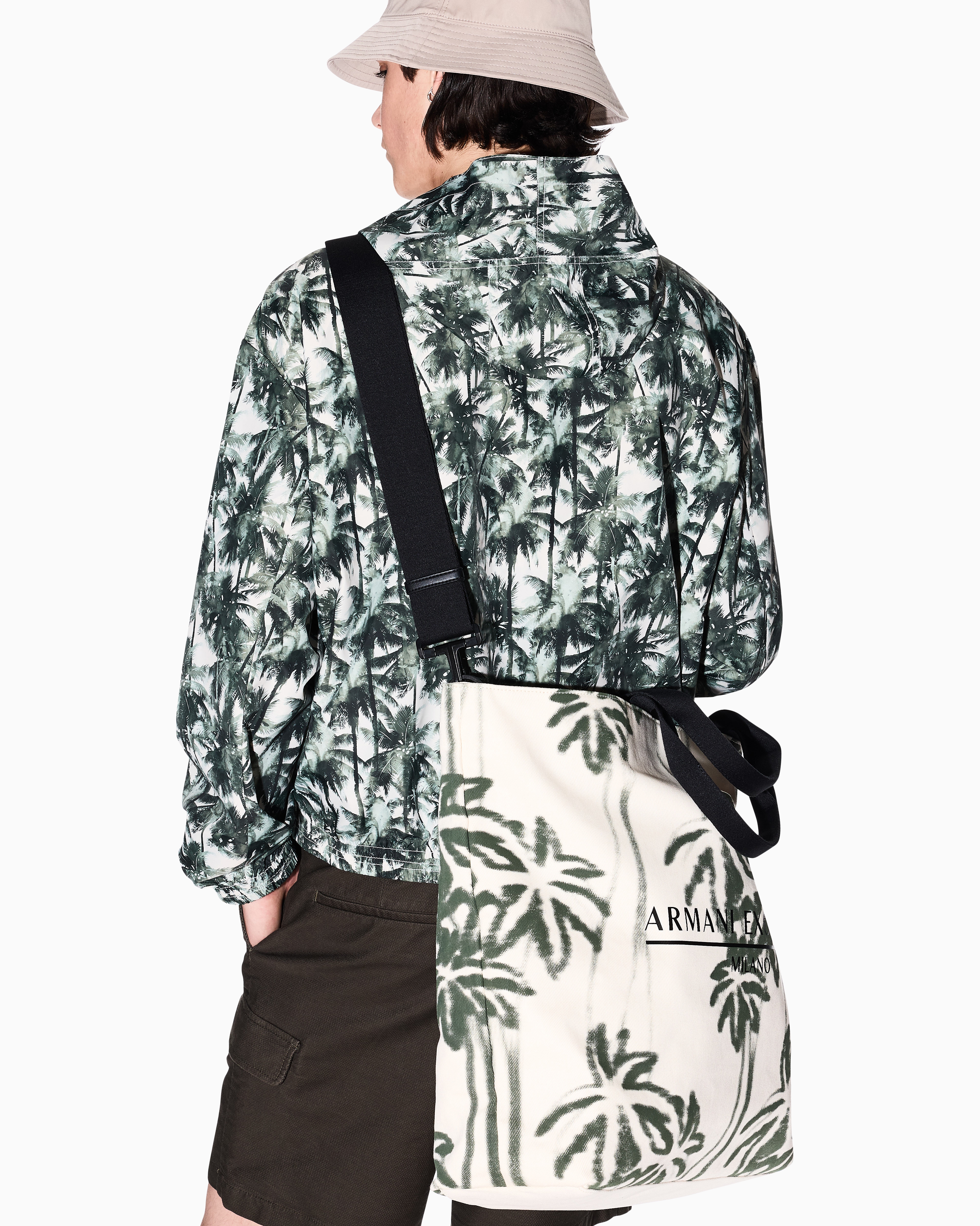 Armani Exchange - Palm-patterned cotton shopper bag, Man, White, Size: TU