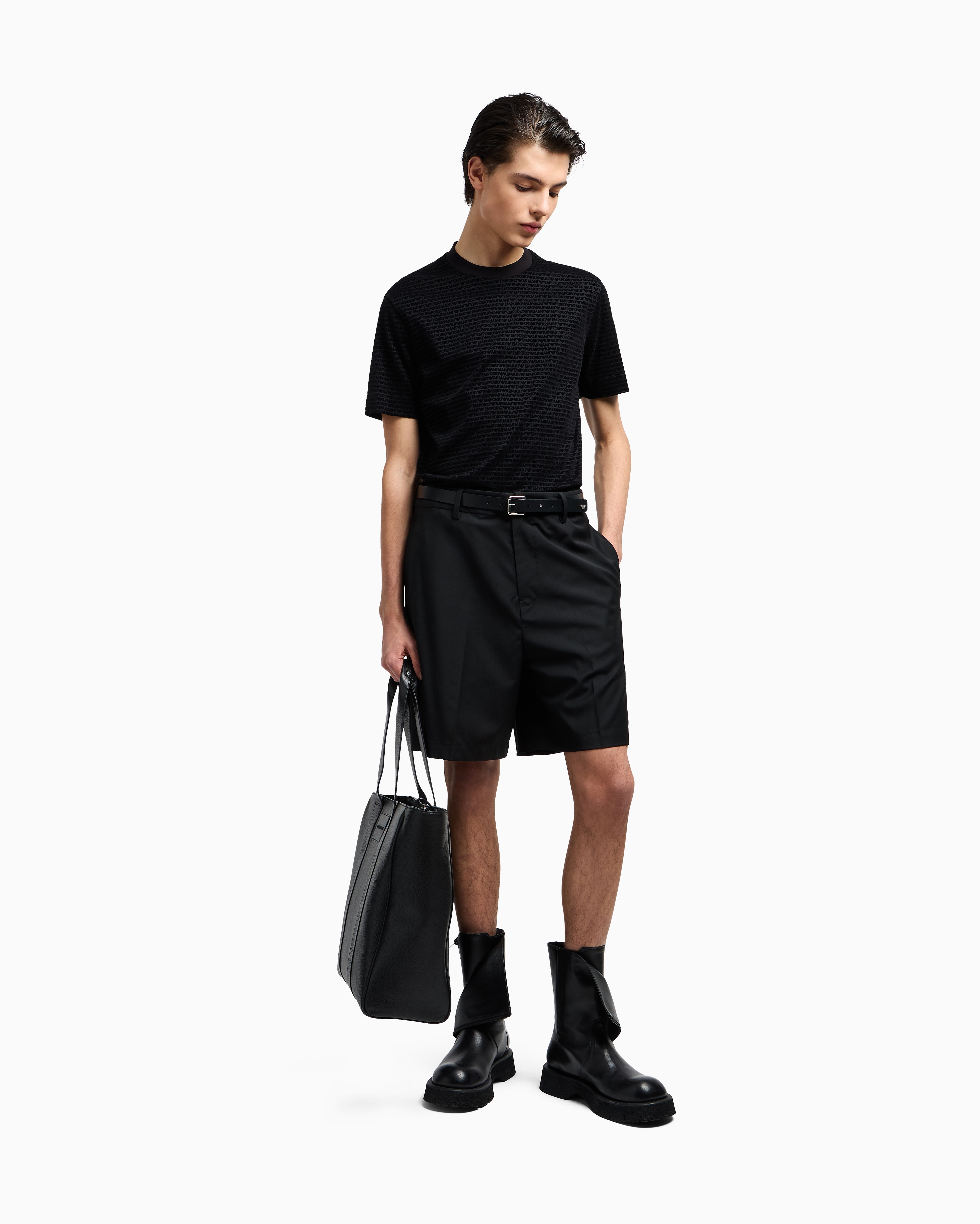 Emporio Armani - ASV Lyocell-blend jersey T-shirt with all-over flocked logo lettering, Man, Black, Size: