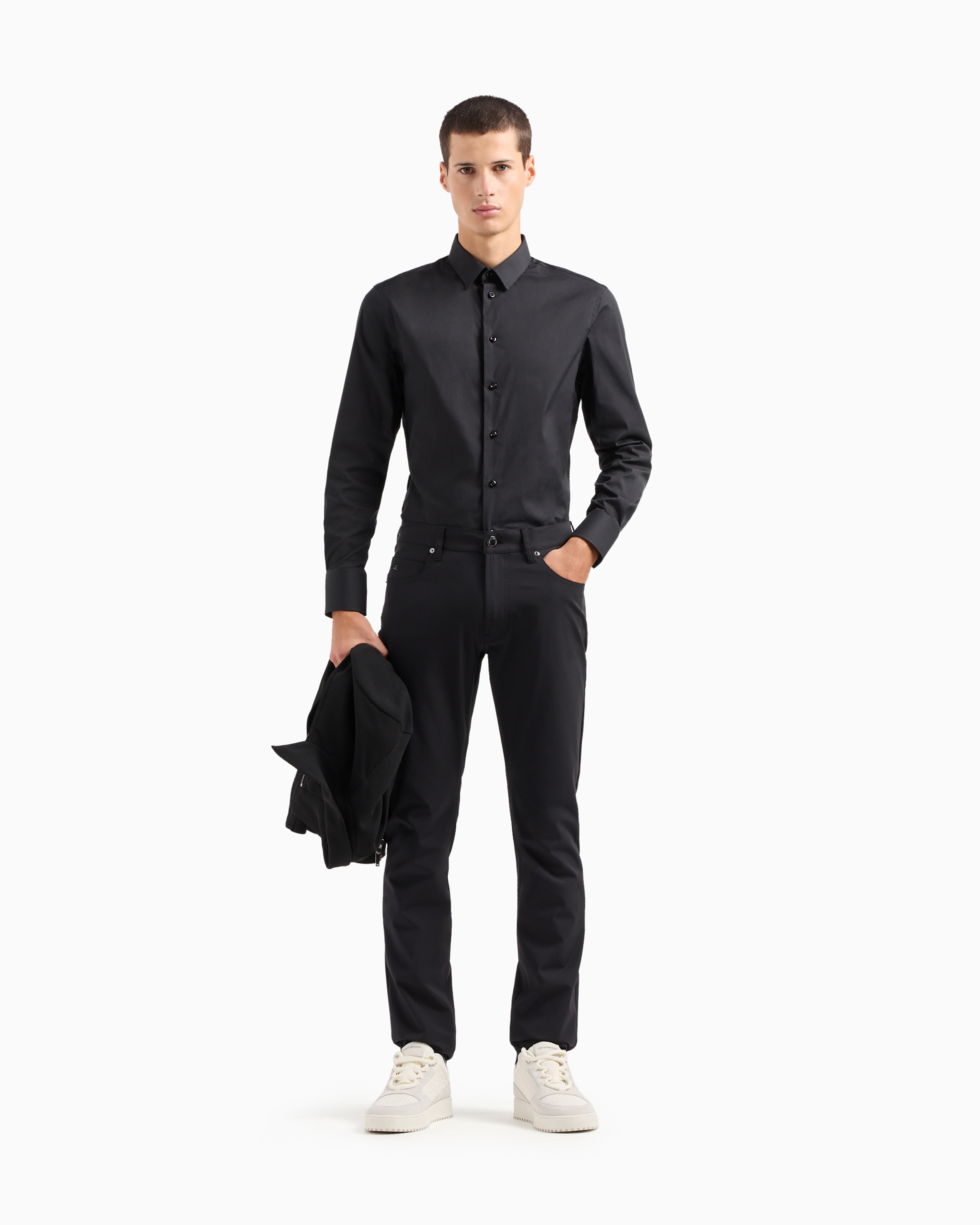 Emporio Armani Stretch Cotton Poplin Shirt In Schwarz