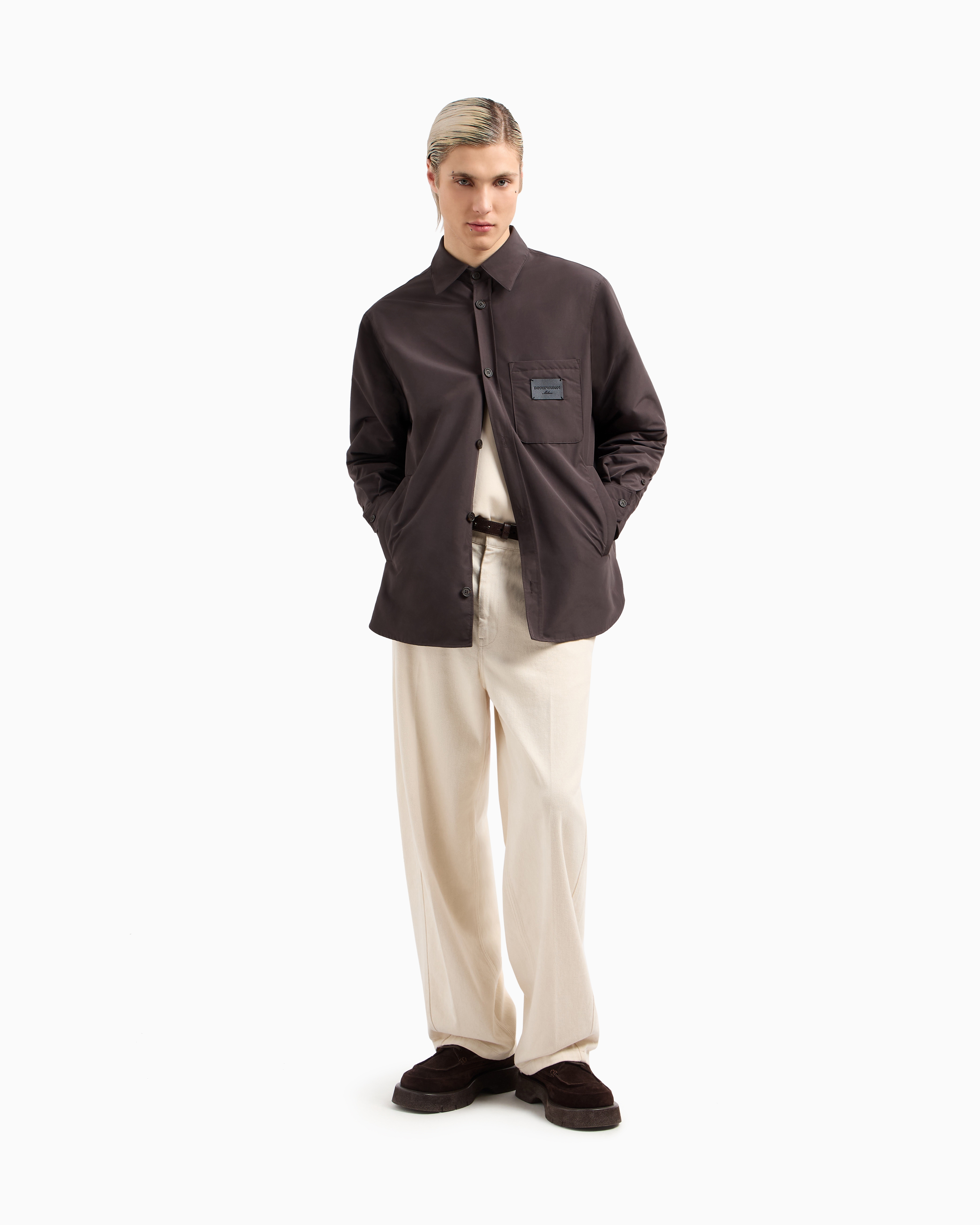 Nylon shirt jacket with patch pocket and logo patch