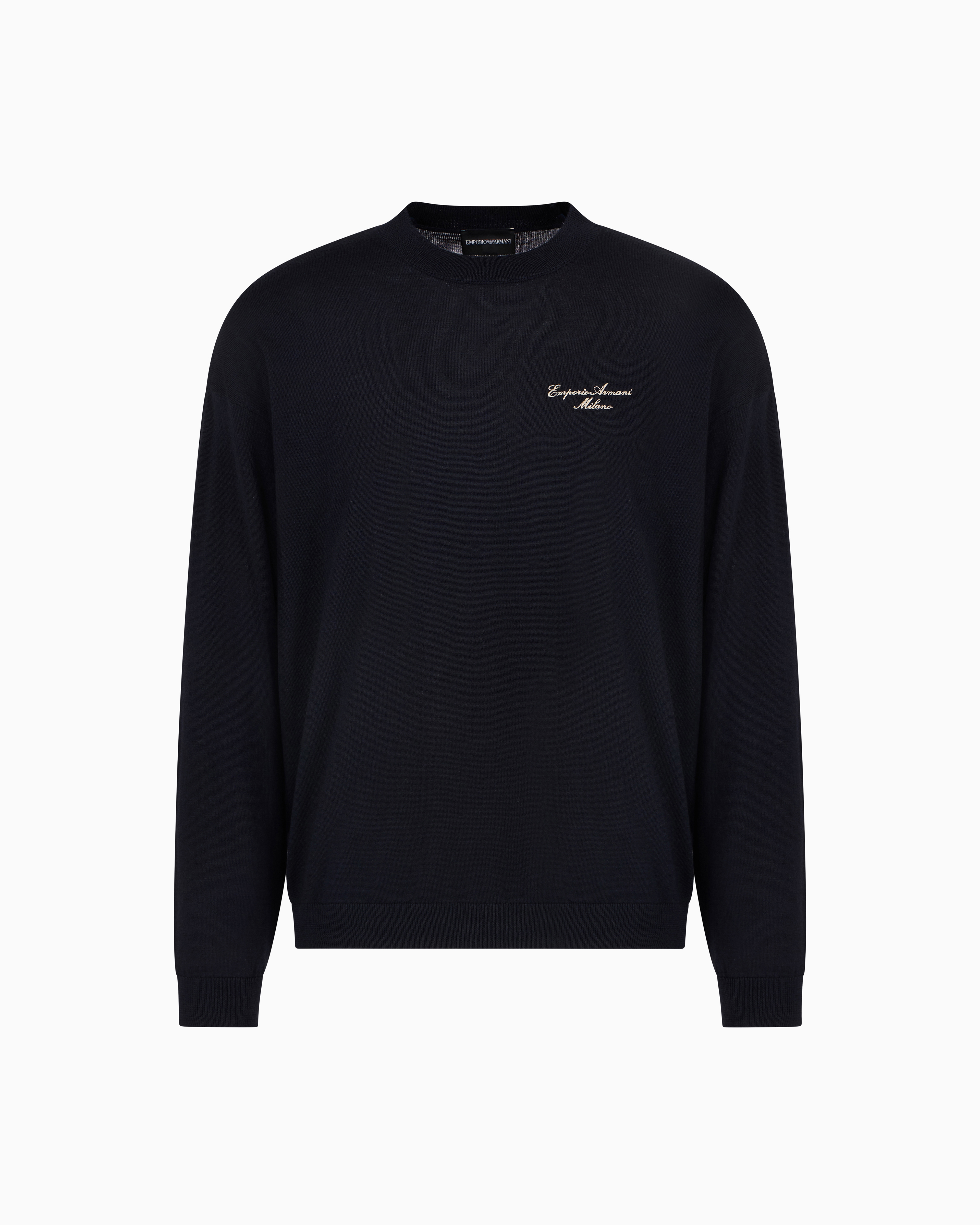 Emporio Armani Navy Blue Virgin-Wool Plain-Knit Jumper With Italic Logo Embroidery Xxl