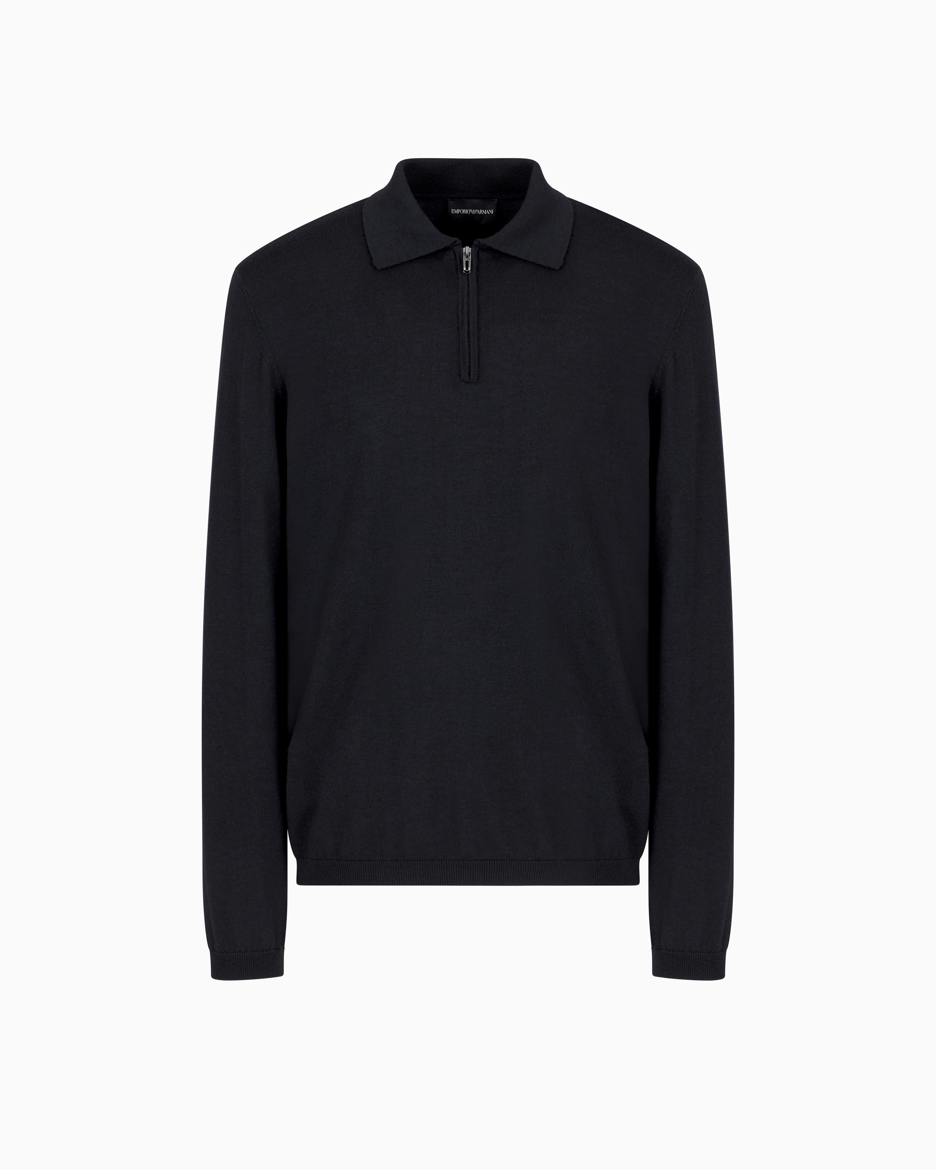 Emporio Armani - Travel Essentials plain-knit virgin-wool jumper with polo collar, Man, Navy Blue, Size: