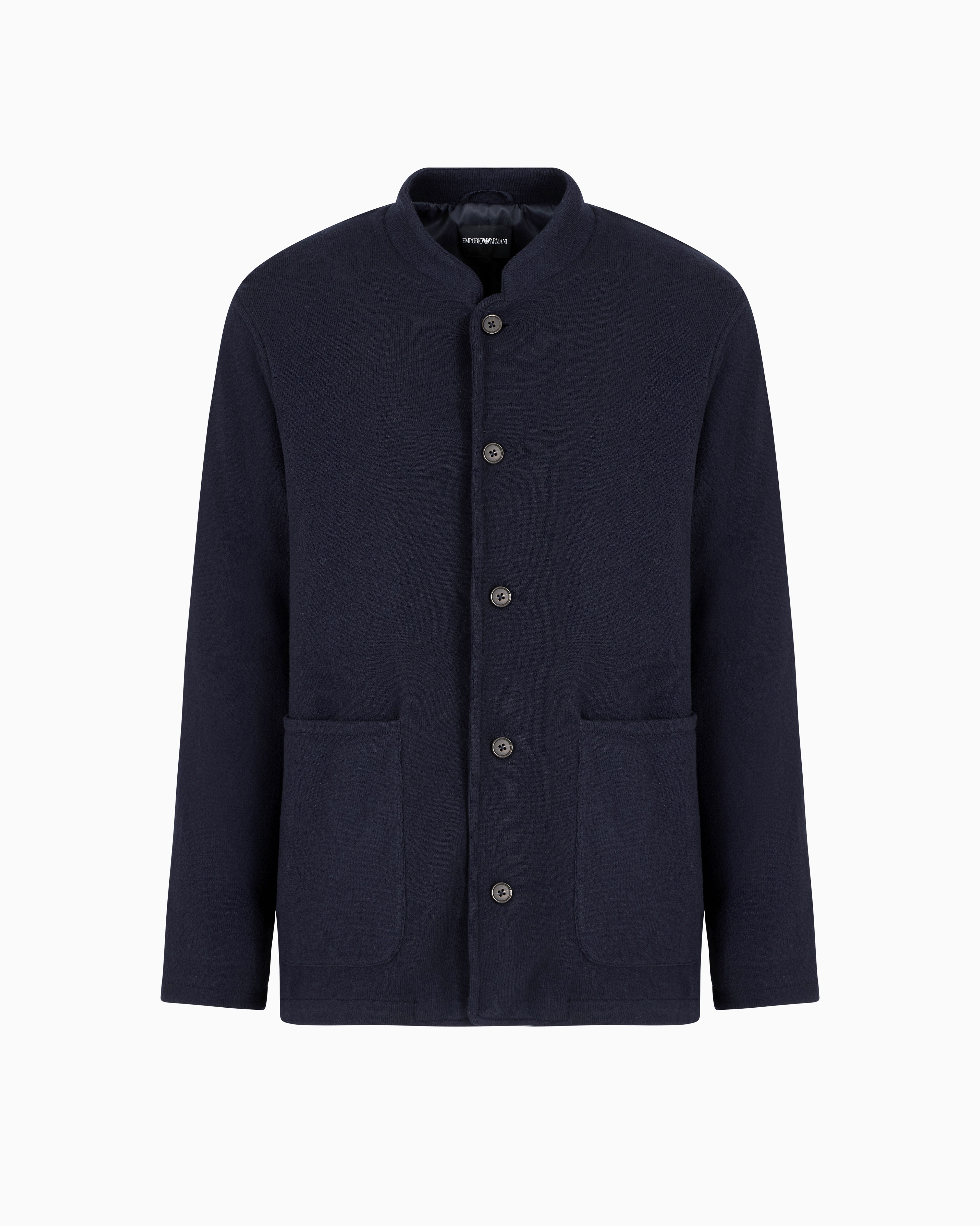 Emporio Armani - Plated plain-knit virgin-wool blazer with guru collar, Man, Navy_blue, Size: