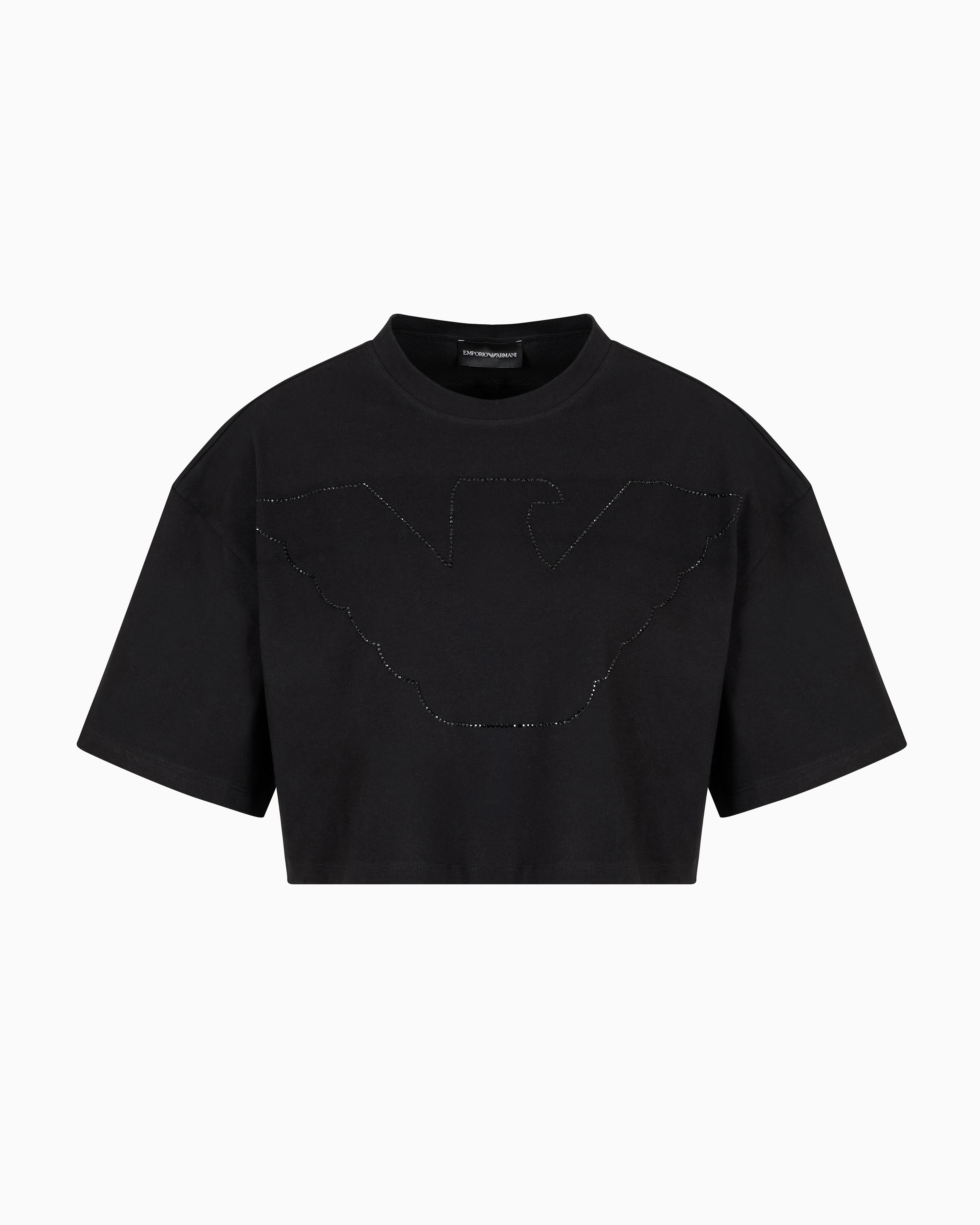 Emporio Armani - ASV Stretch-jersey cropped T-shirt with oversized rhinestone eagle, Woman, Black, Size: