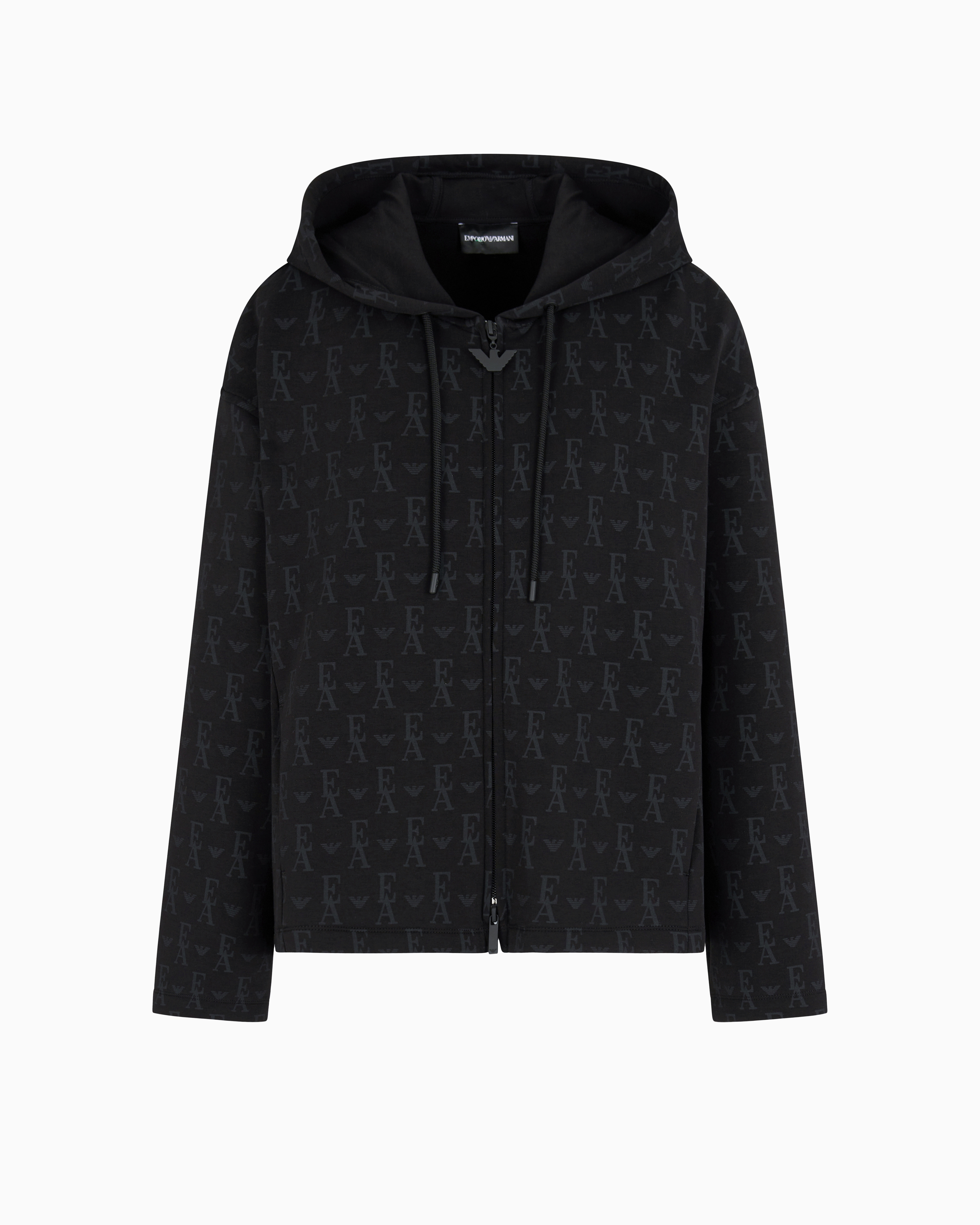 Emporio Armani - Double-jersey hooded zip-up sweatshirt with all-over lettering, Woman, Black, Size: