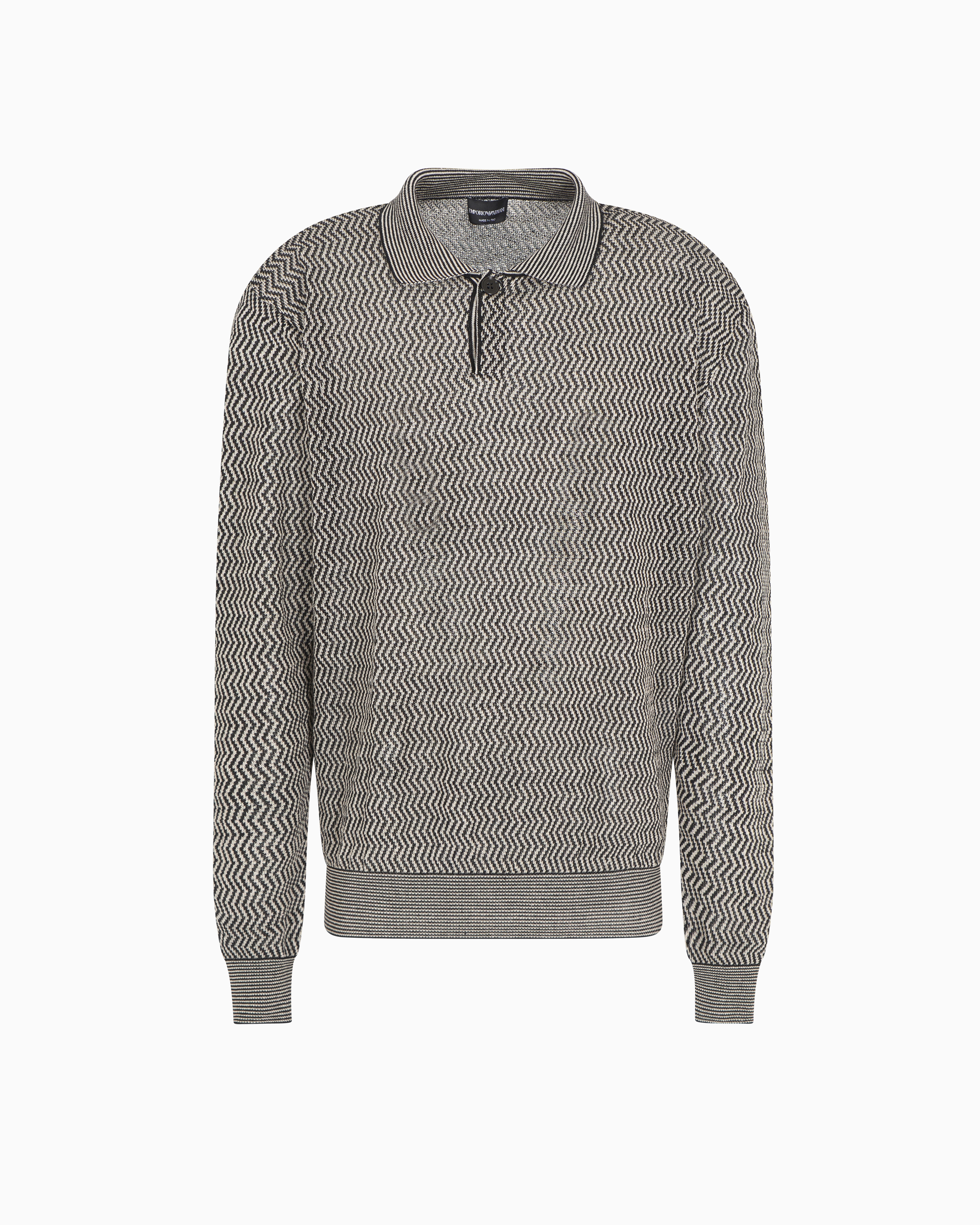 Emporio Armani - ASV linen and Lyocell-blend polo-collar jumper with chevron motif, Man, Black, Size: