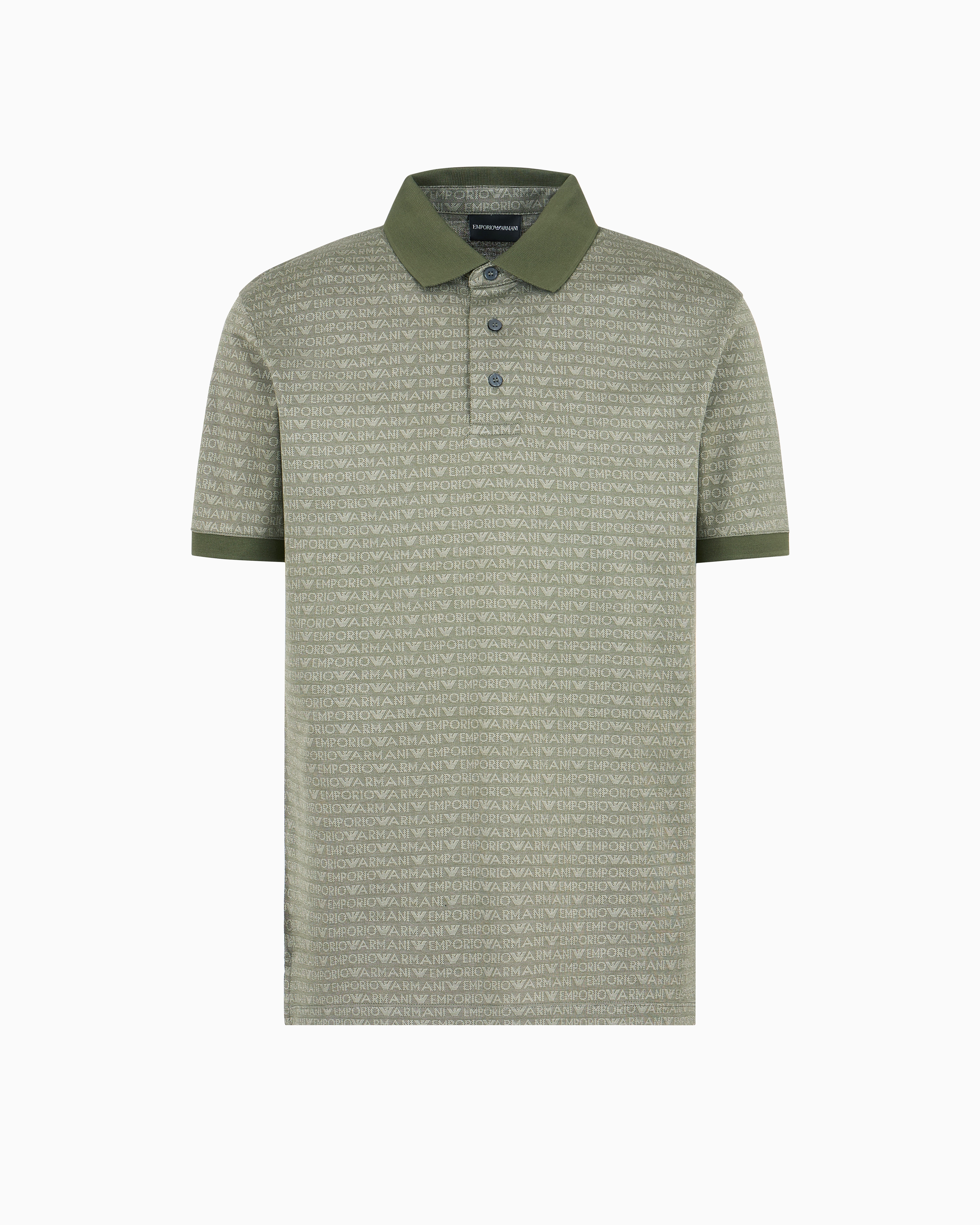 Emporio Armani - Jersey polo shirt with all-over jacquard lettering, Man, Green, Size: