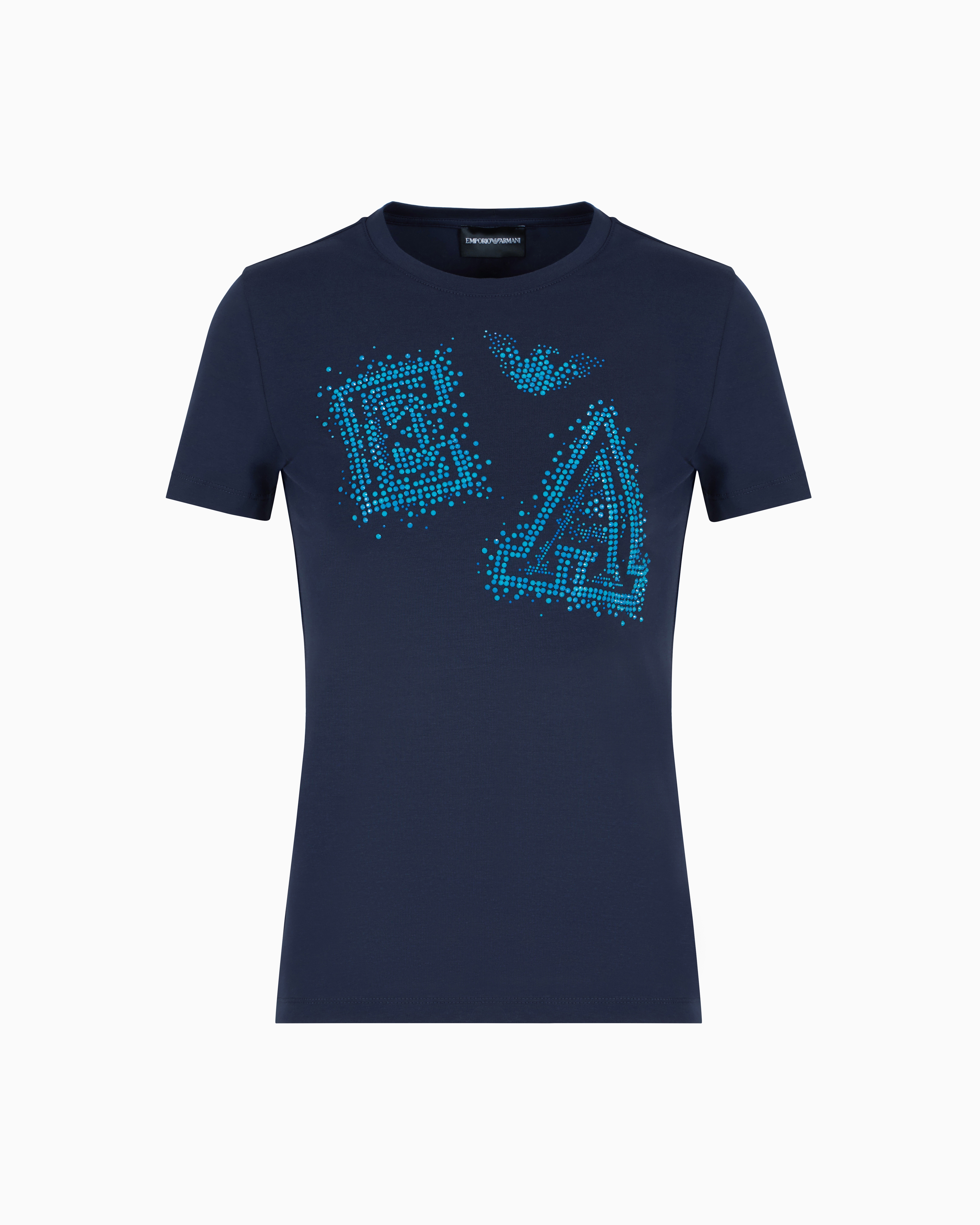Emporio Armani - ASV Stretch jersey T-shirt with micro-studded logo , Woman, Navy_blue, Size: