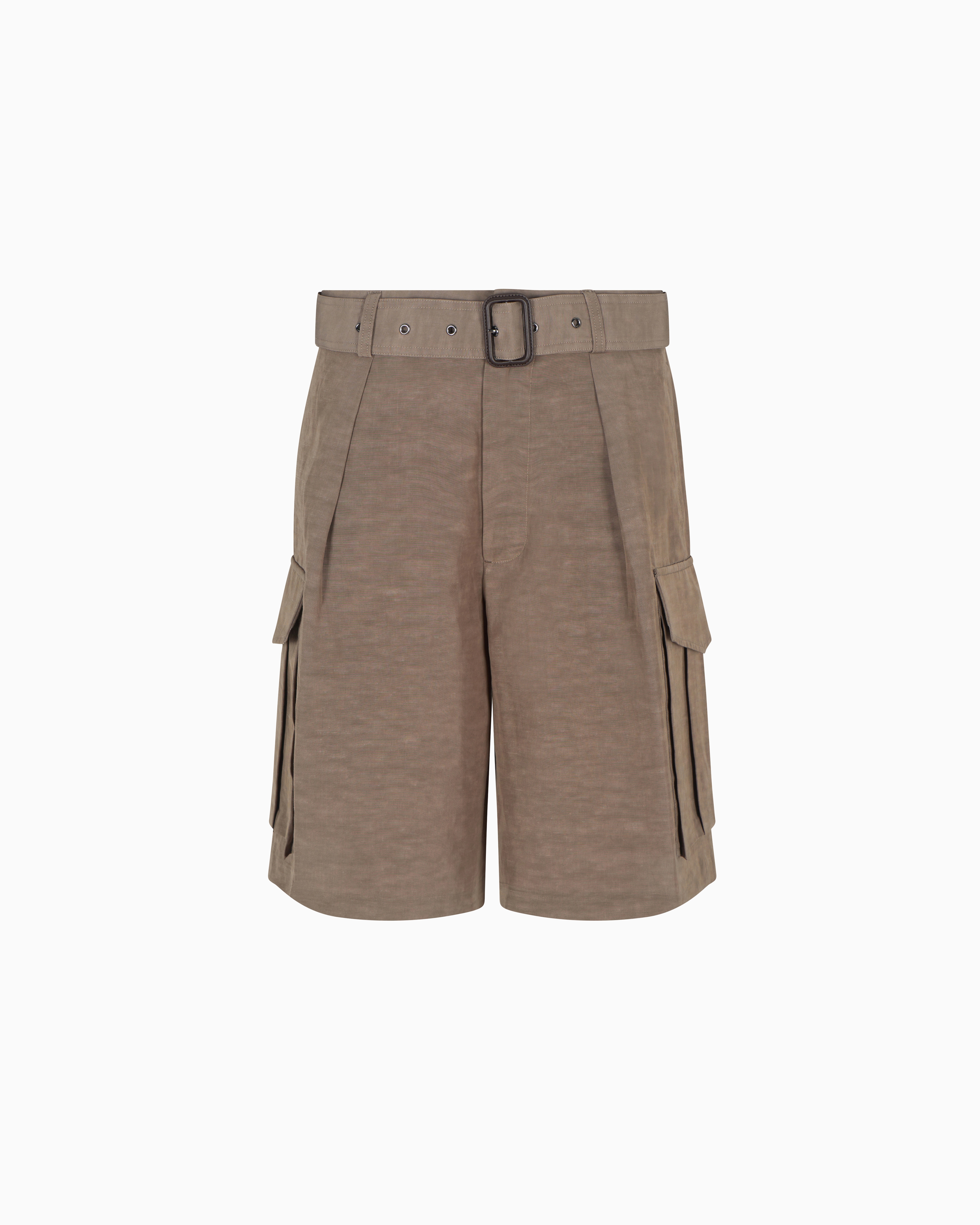 Emporio Armani - Linen-blend cargo Bermuda shorts, Man, Beige, Size: