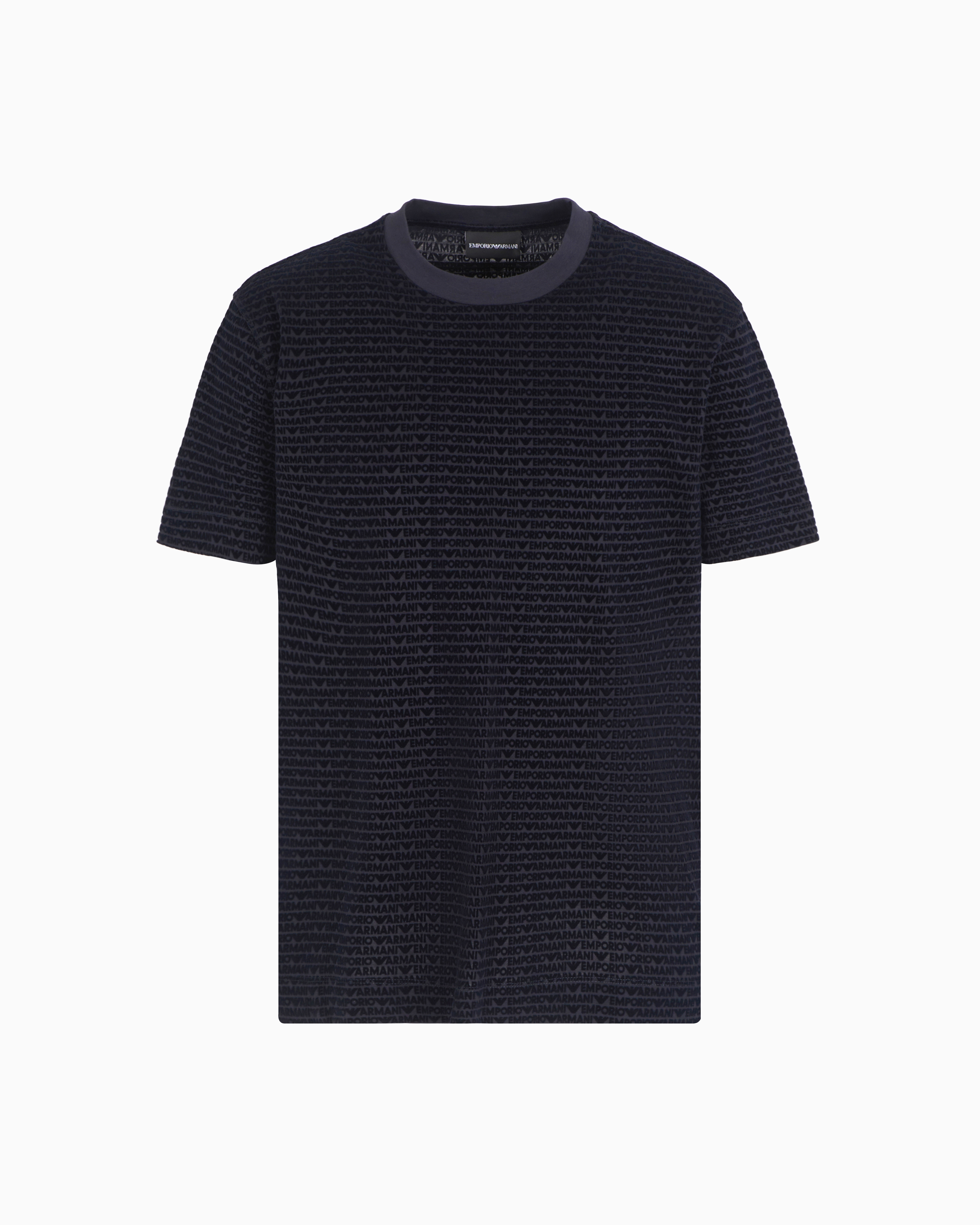 Emporio Armani - ASV Lyocell-blend jersey T-shirt with all-over flocked logo lettering, Man, Navy Blue, Size: