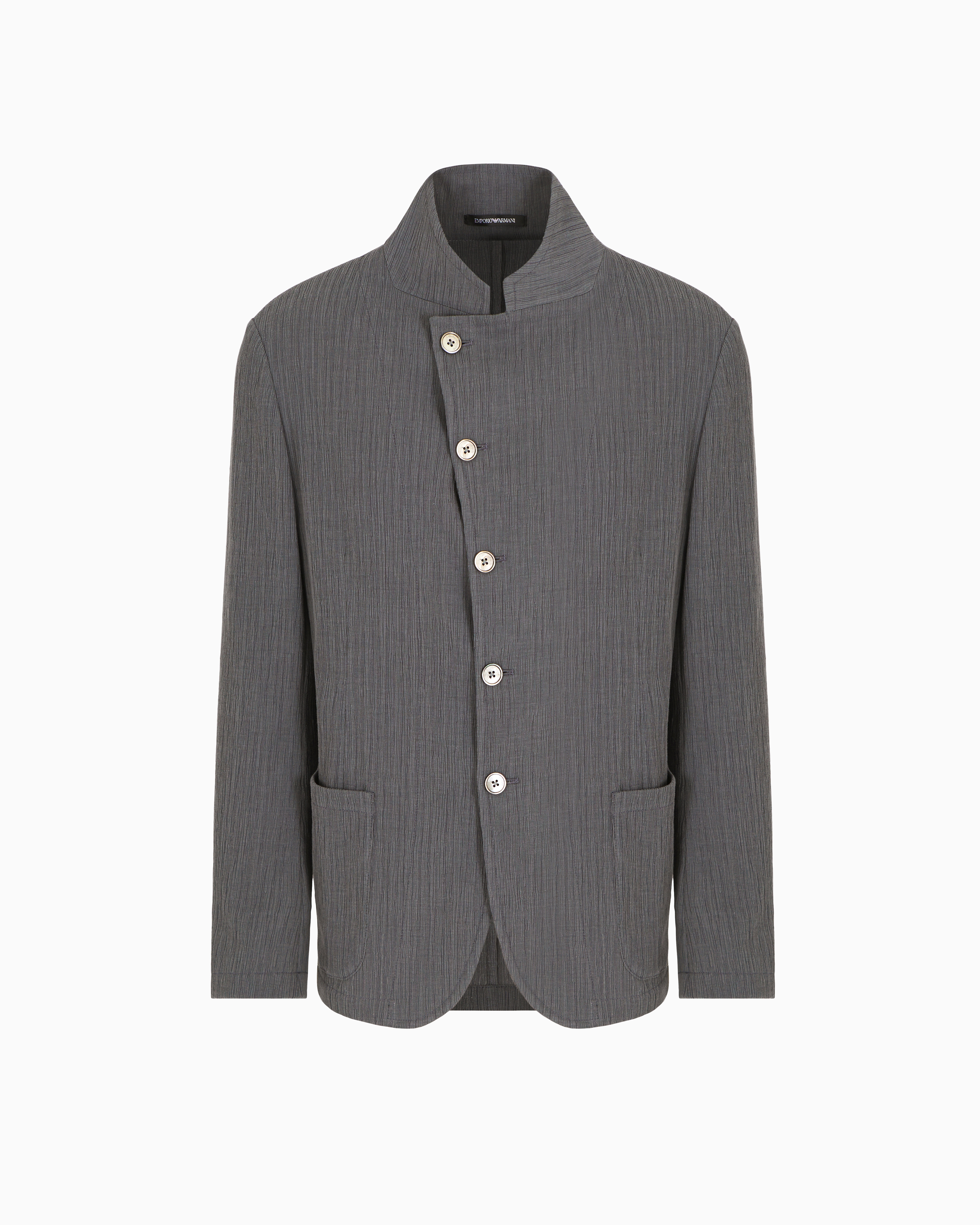 Emporio Armani Guru-collar Jacket With Off-centre Fastening In Bark-effect Armure Fabric In Gray
