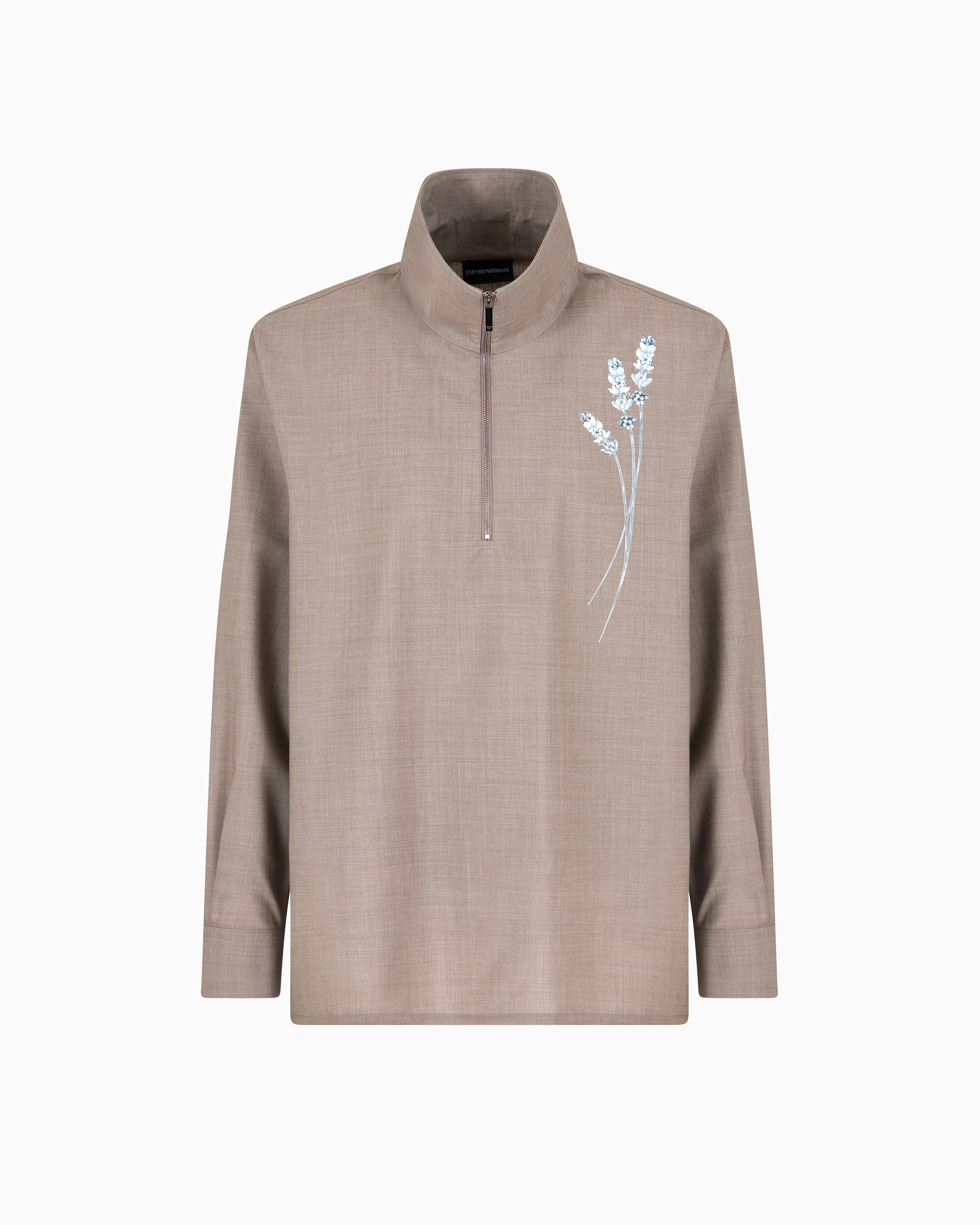 Emporio Armani - Virgin wool canvas shirt with partial zip, Man, Brown, Size: