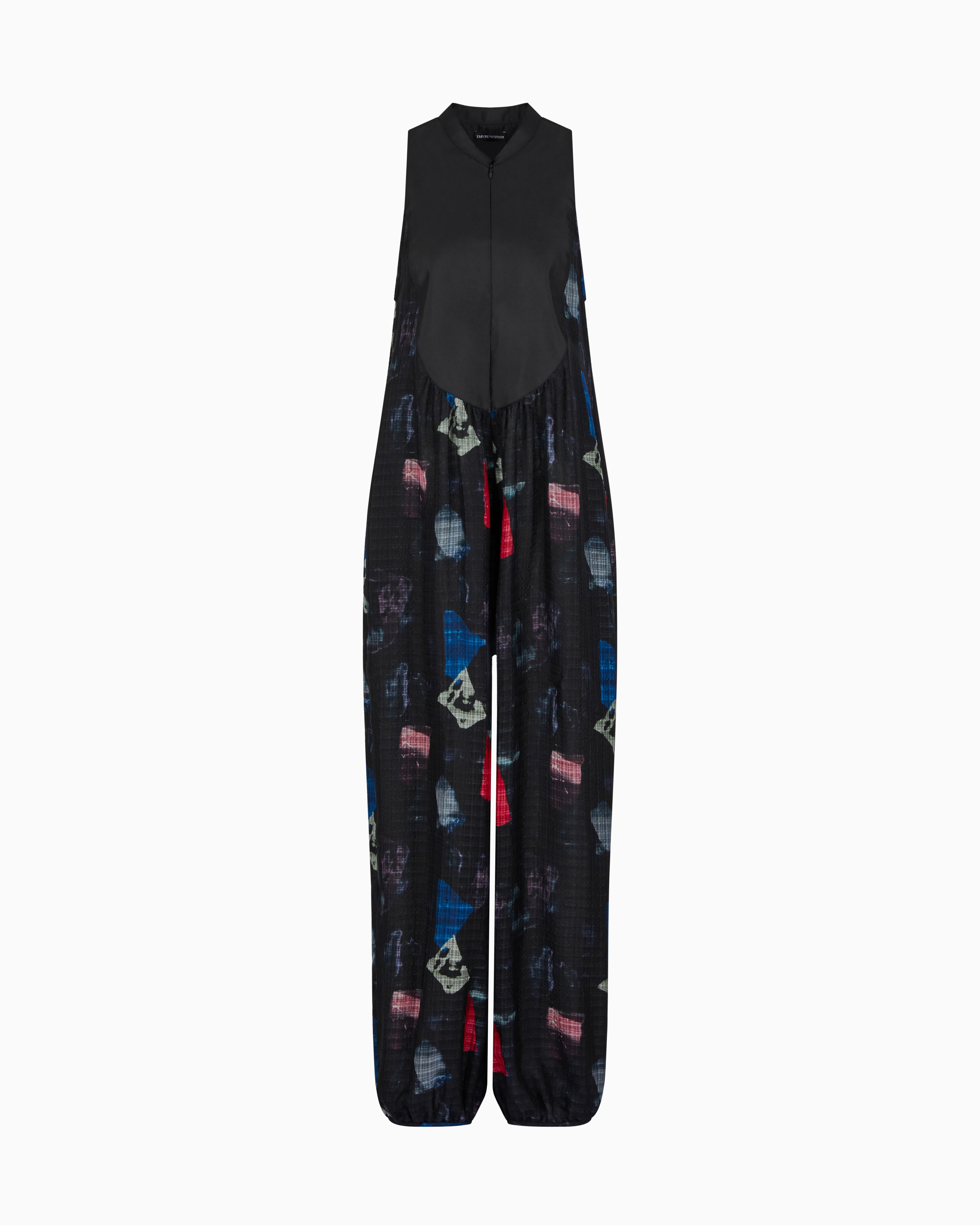 Emporio Armani - Silk jumpsuit with micro check motif and abstract print, Woman, Black, Size: