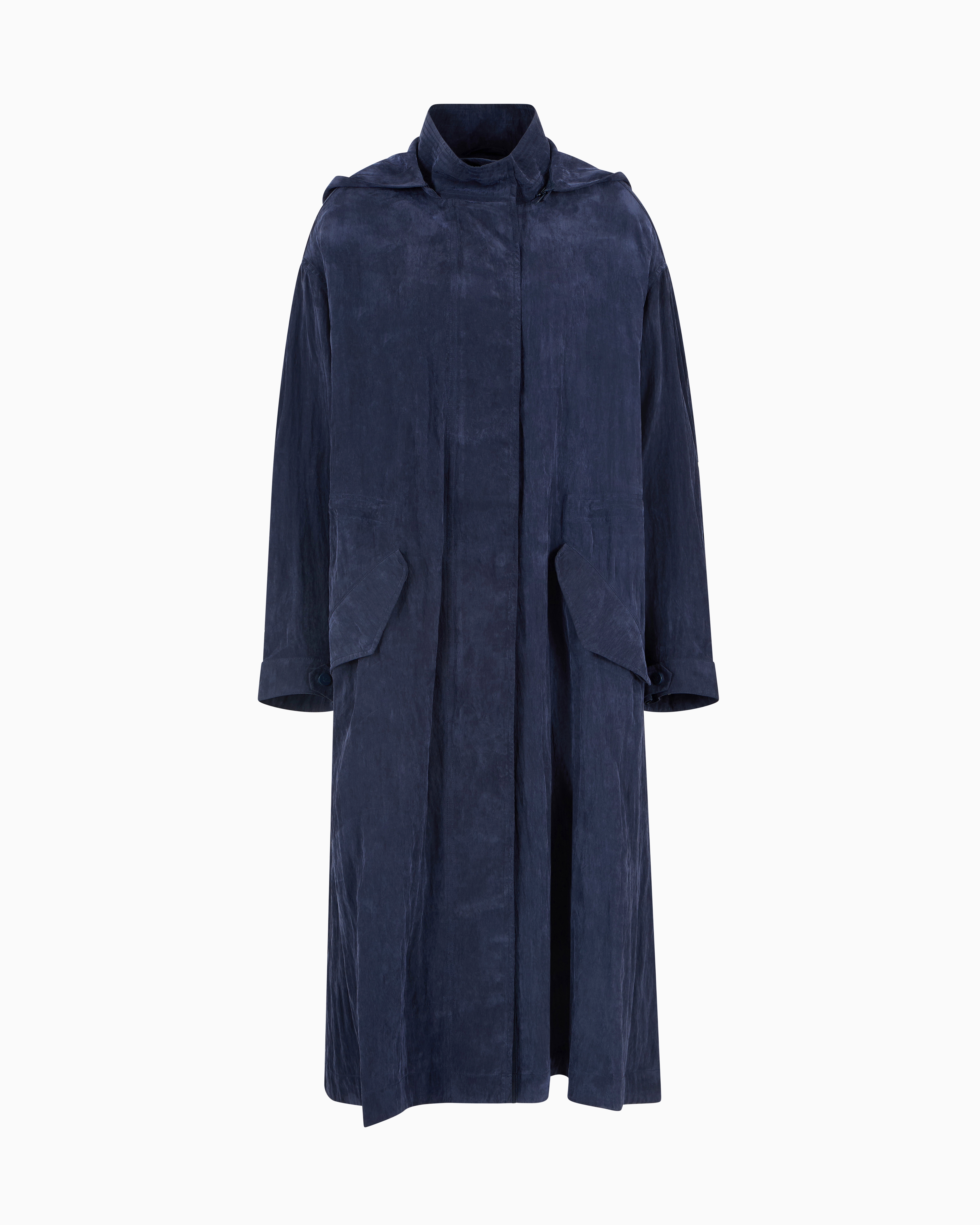 Emporio Armani - Technical cupro trench coat with a drawstring waist, Woman, Blue, Size:
