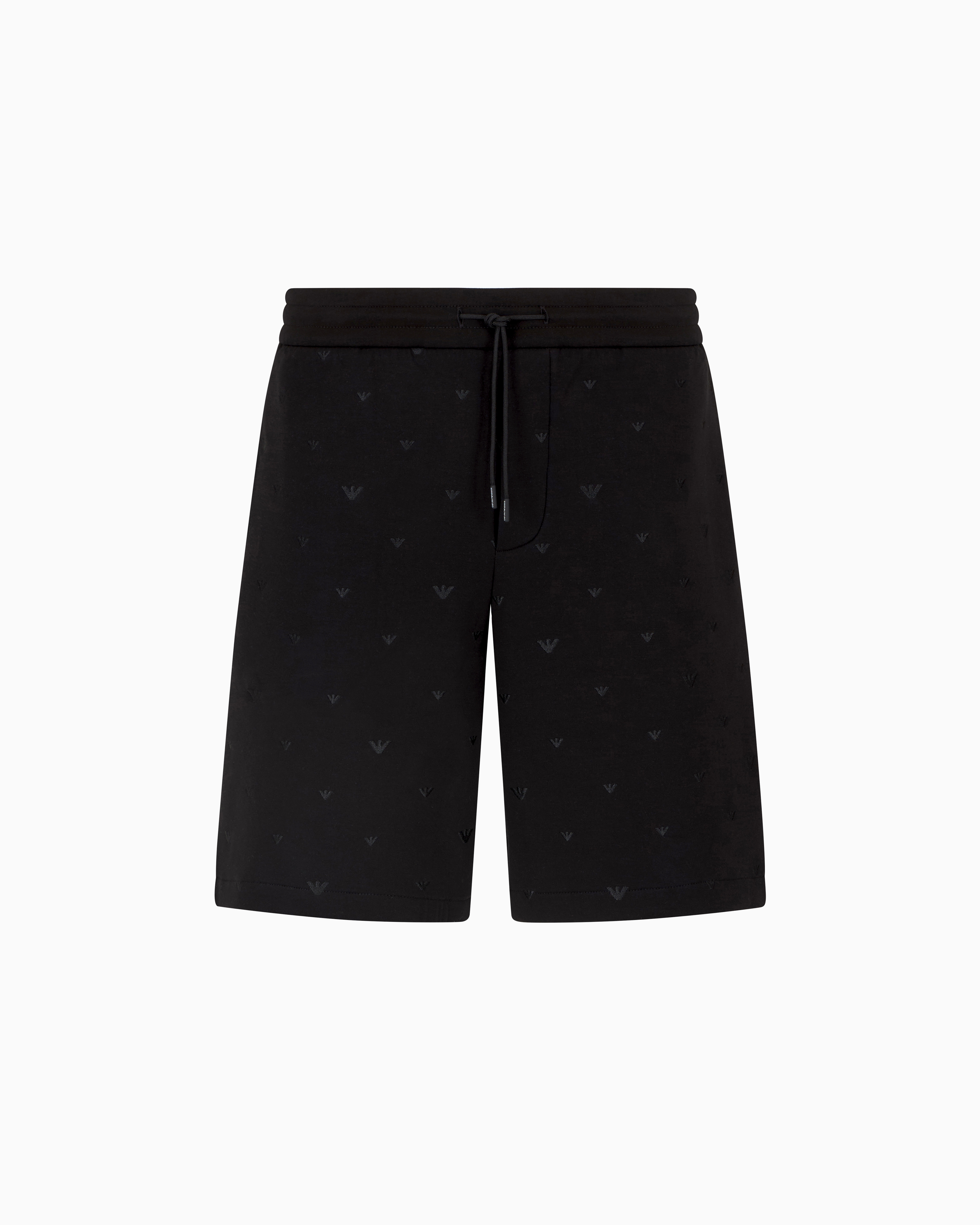 Emporio Armani Black Double Jersey Bermuda Shorts With All-Over Micro Eagle Embroidery Small