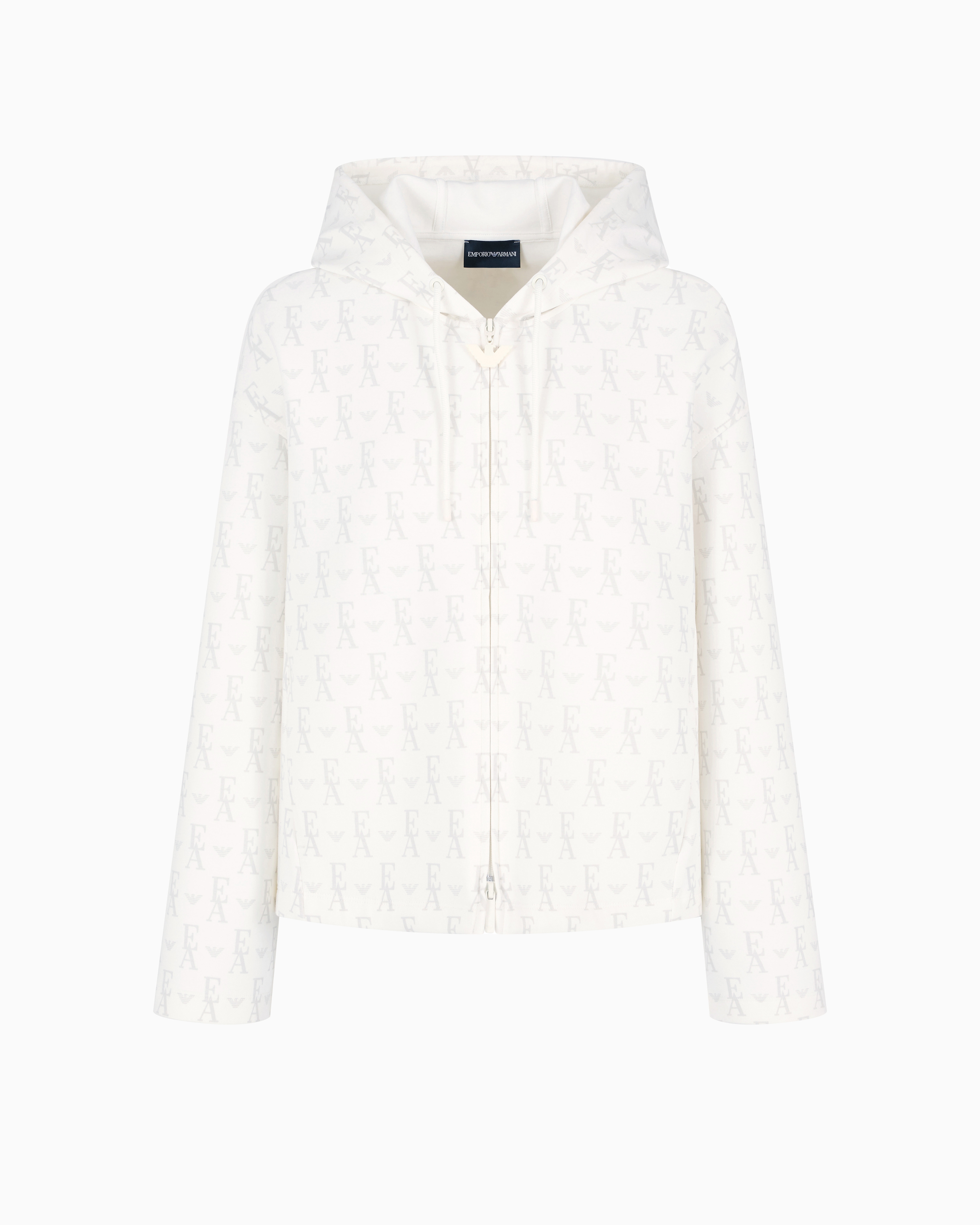 Emporio Armani - Double-jersey hooded zip-up sweatshirt with all-over lettering, Woman, White, Size: