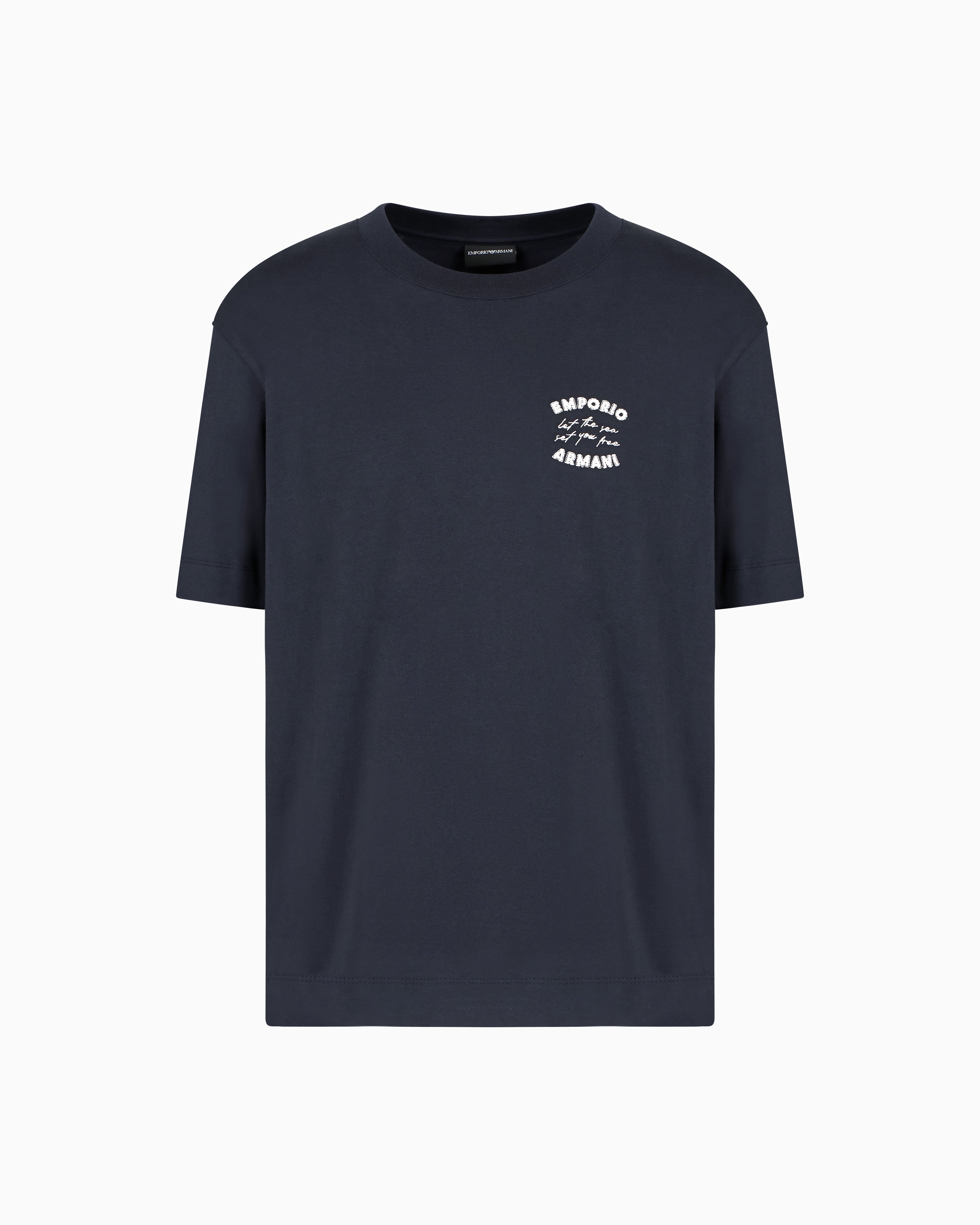 Emporio Armani - ASV Jersey T-shirt with ‘Let the sea set you free’ embroidery, Man, Navy Blue, Size: