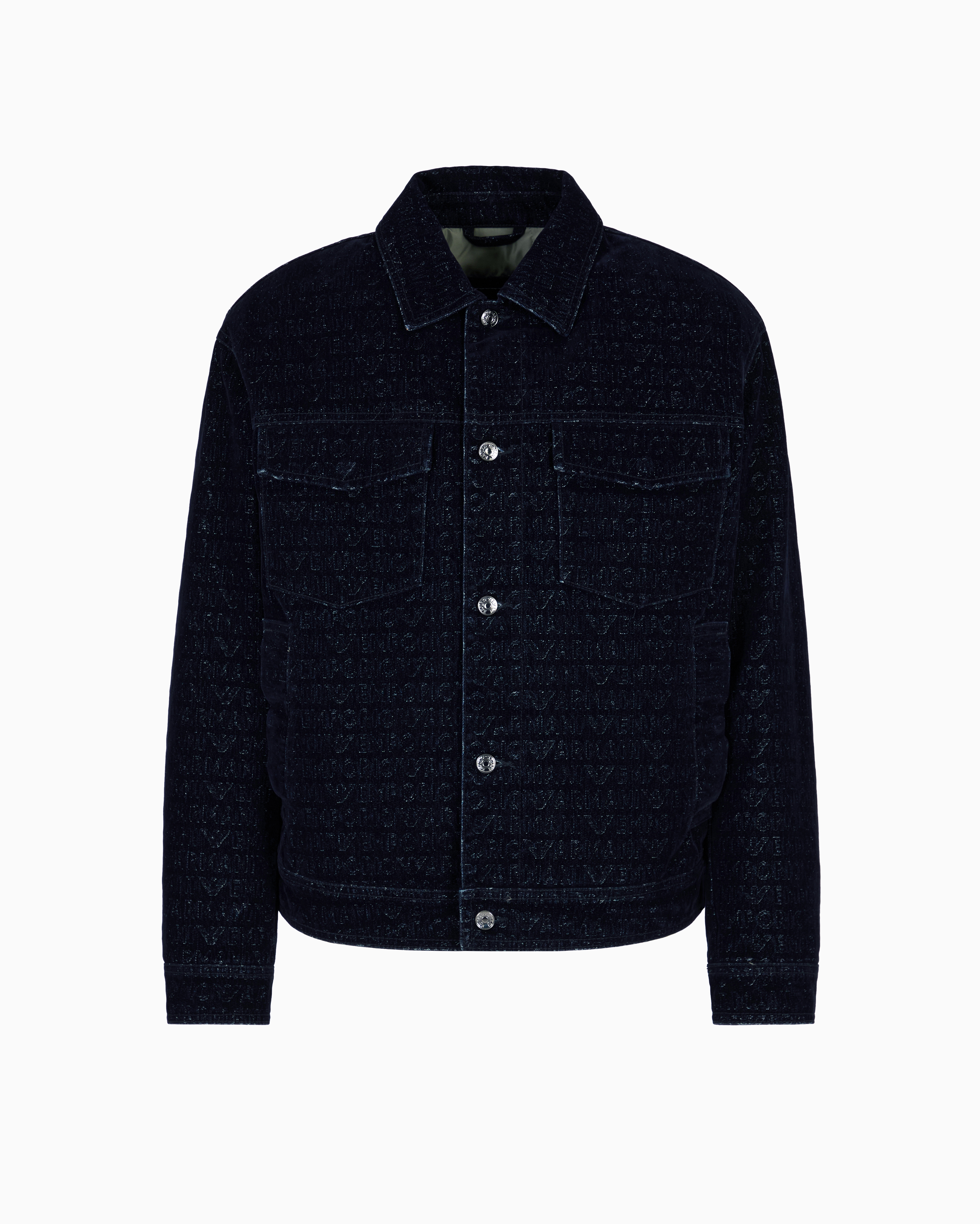 Emporio Armani - Denim jacket with all-over flocked logo lettering, Man, Navy Blue, Size: