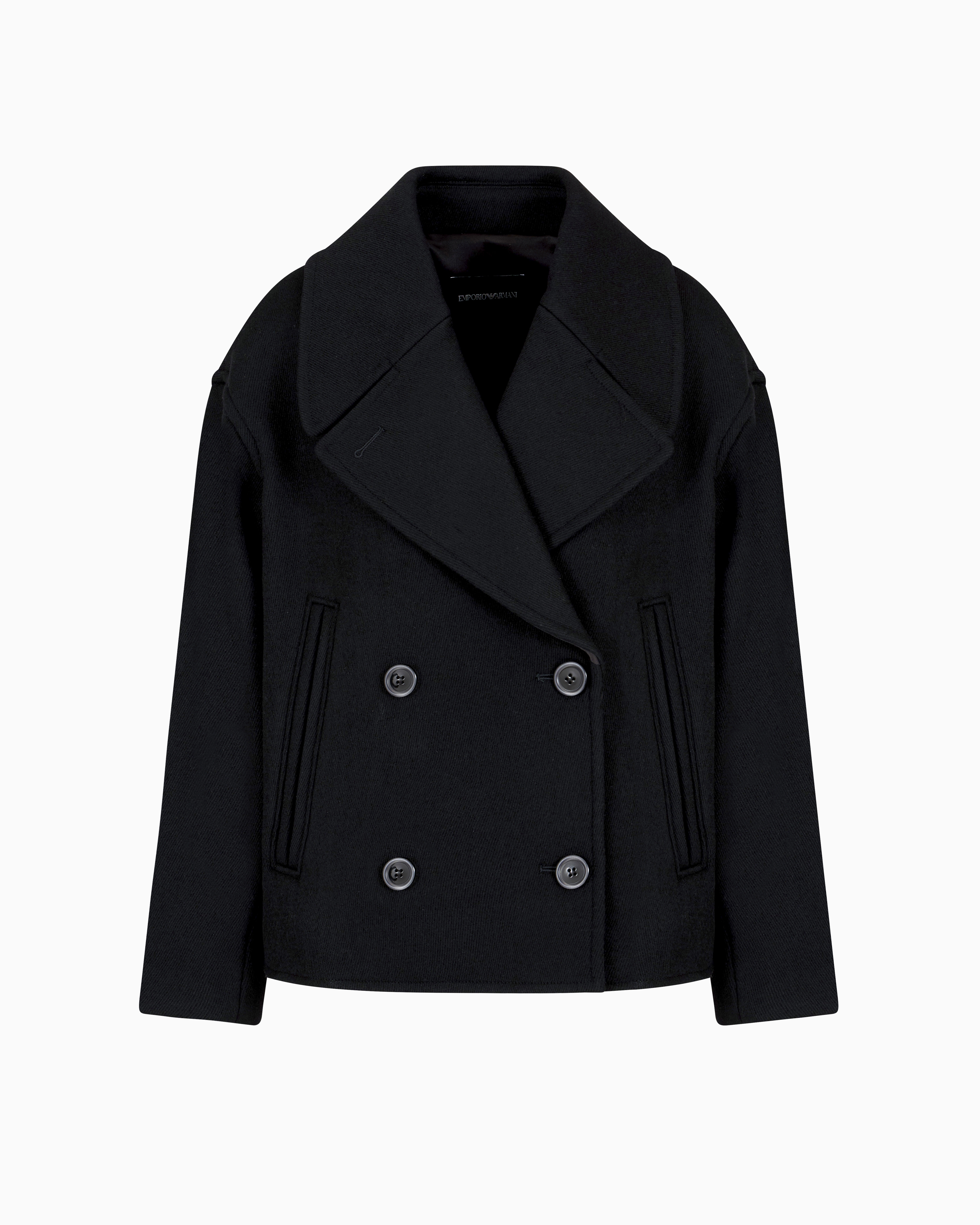 Double-breasted short pea coat in virgin wool cavalry twill 