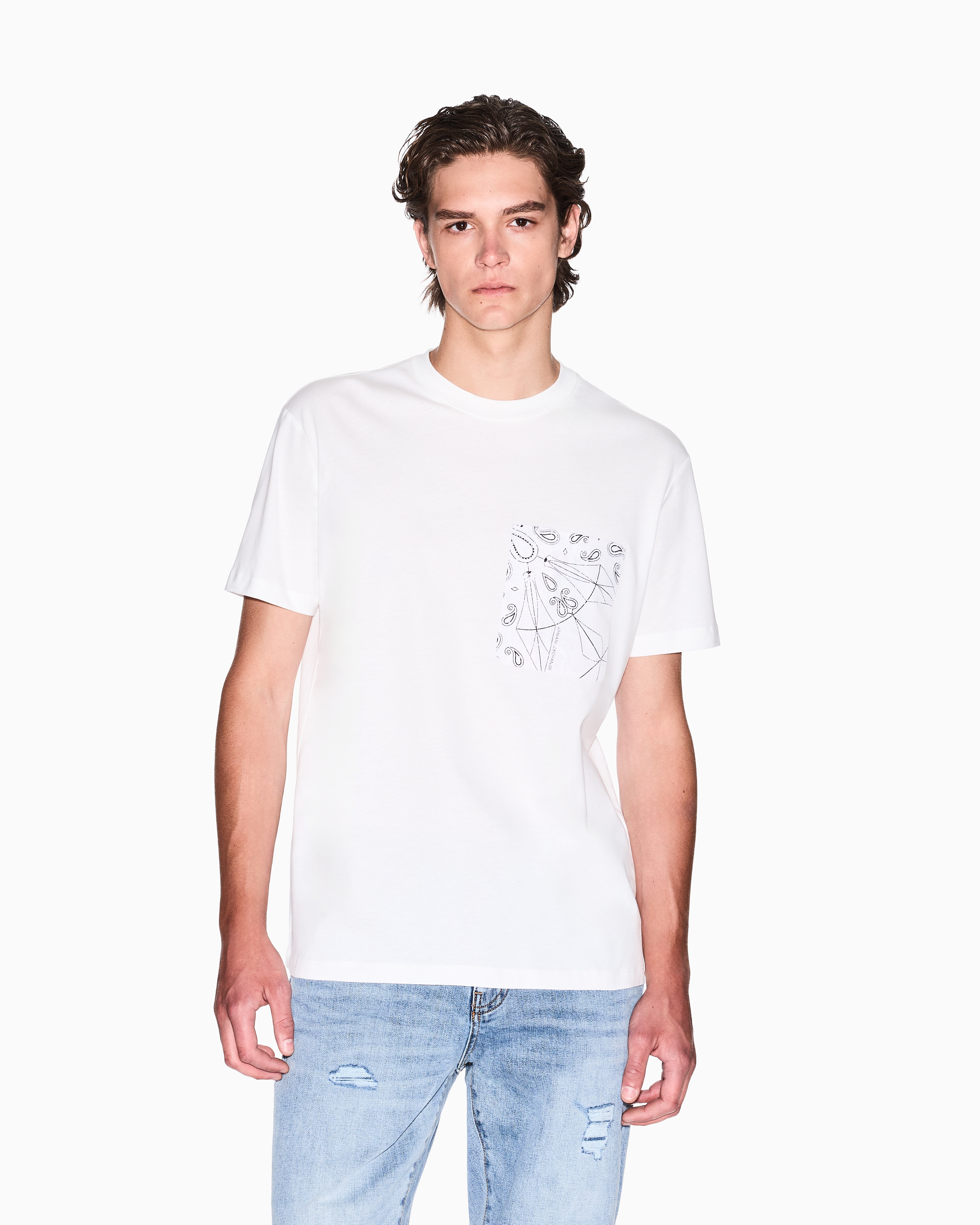 Armani Exchange - Regular fit T-shirt with patterned pocket, Man, White, Size: